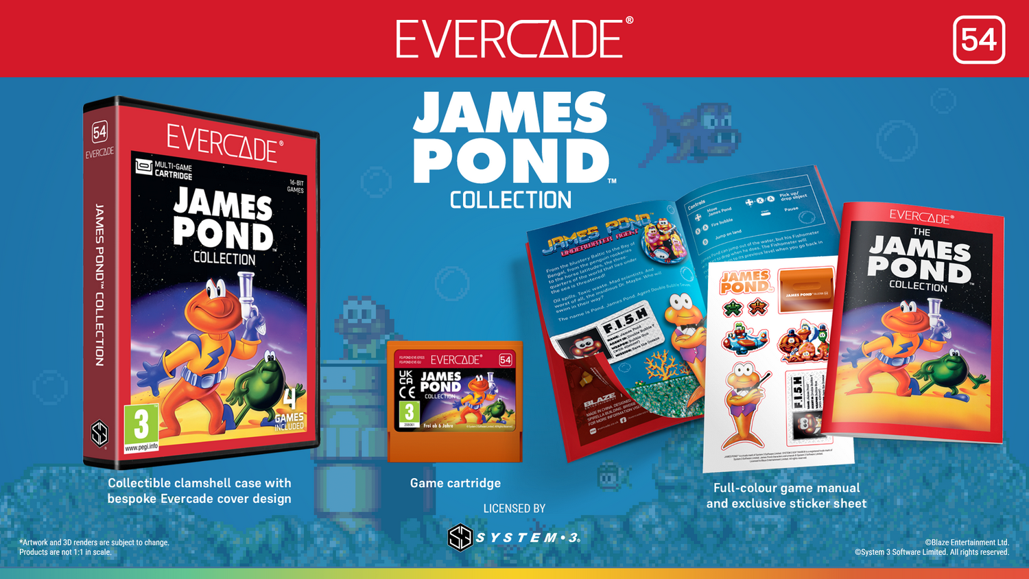 Colección Evercade James Pond con caja de juego, cartucho, manual y pegatinas sobre fondo azul.