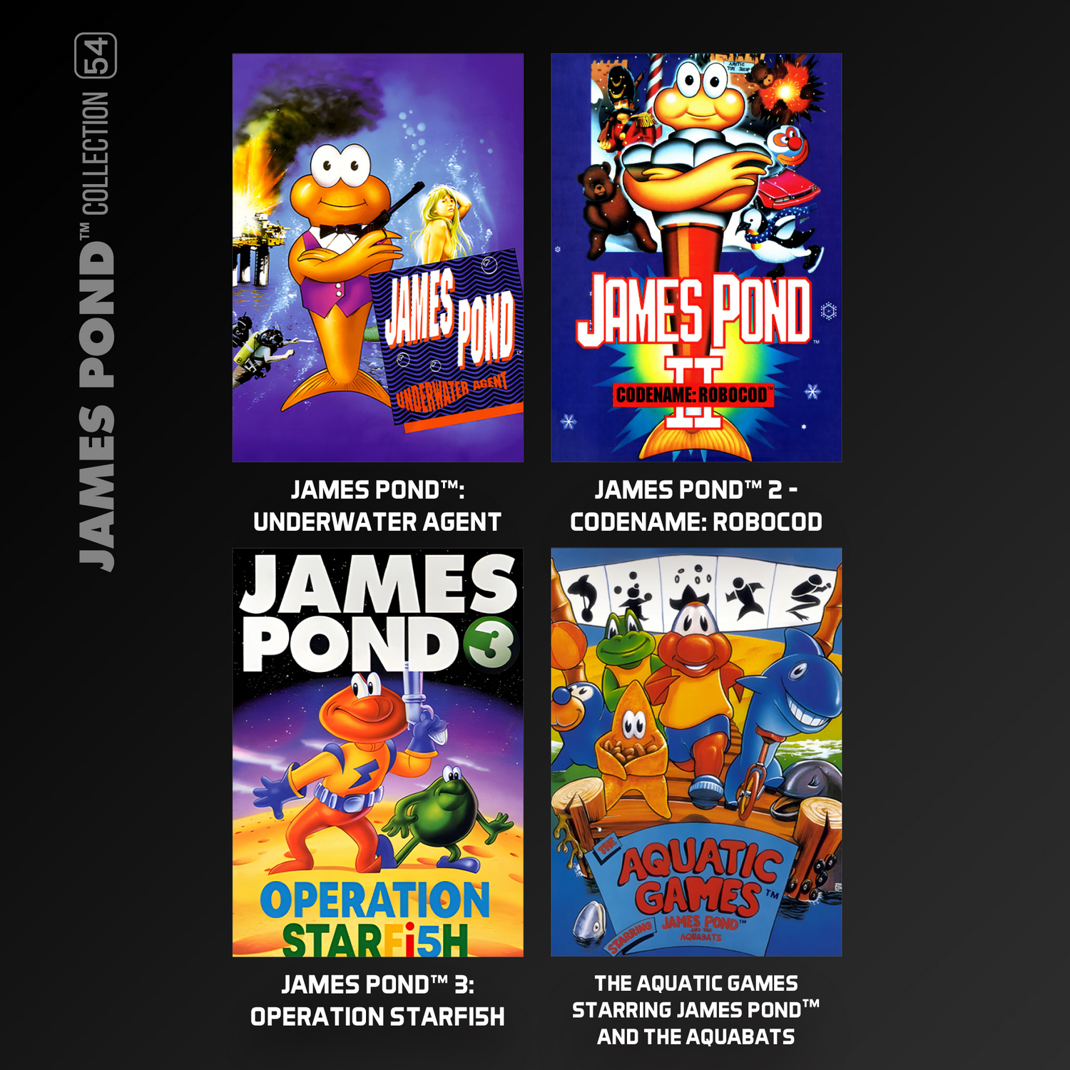 Colección de portadas de la serie de videojuegos James Pond con cuatro títulos.