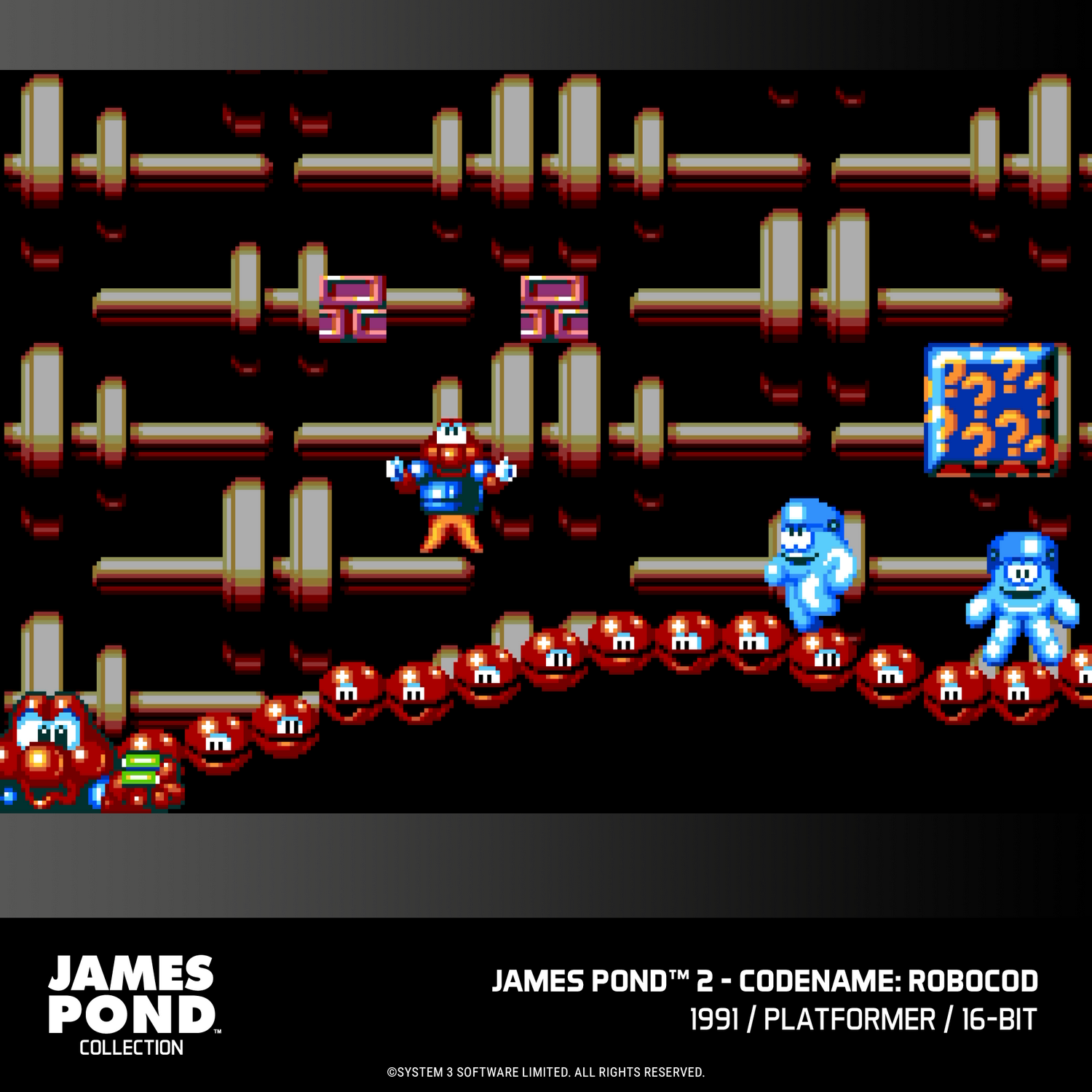 Escena de videojuego retro de plataformas con personajes que navegan sobre un fondo de tuberías metálicas.