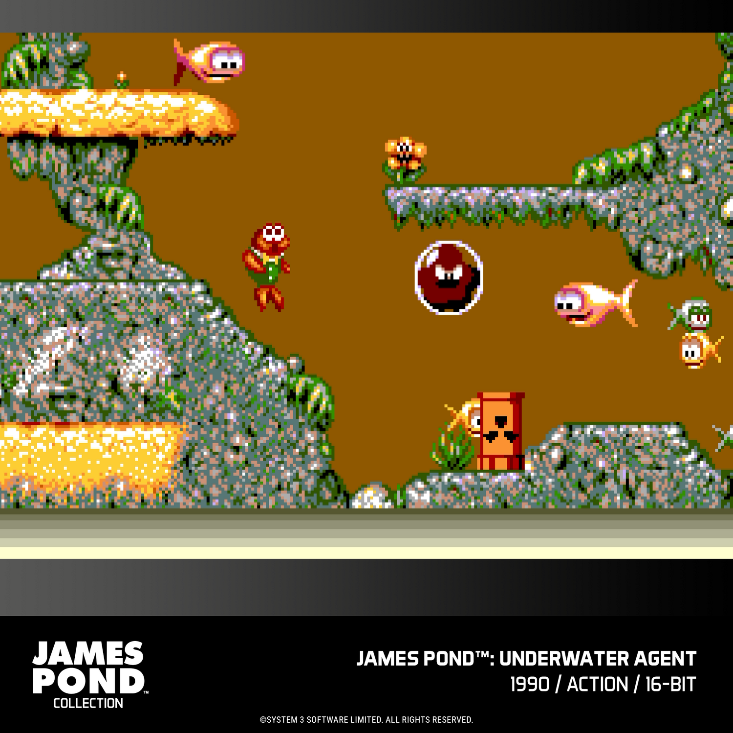 Escena submarina pixelada de James Pond: Underwater Agent con peces y plataformas.