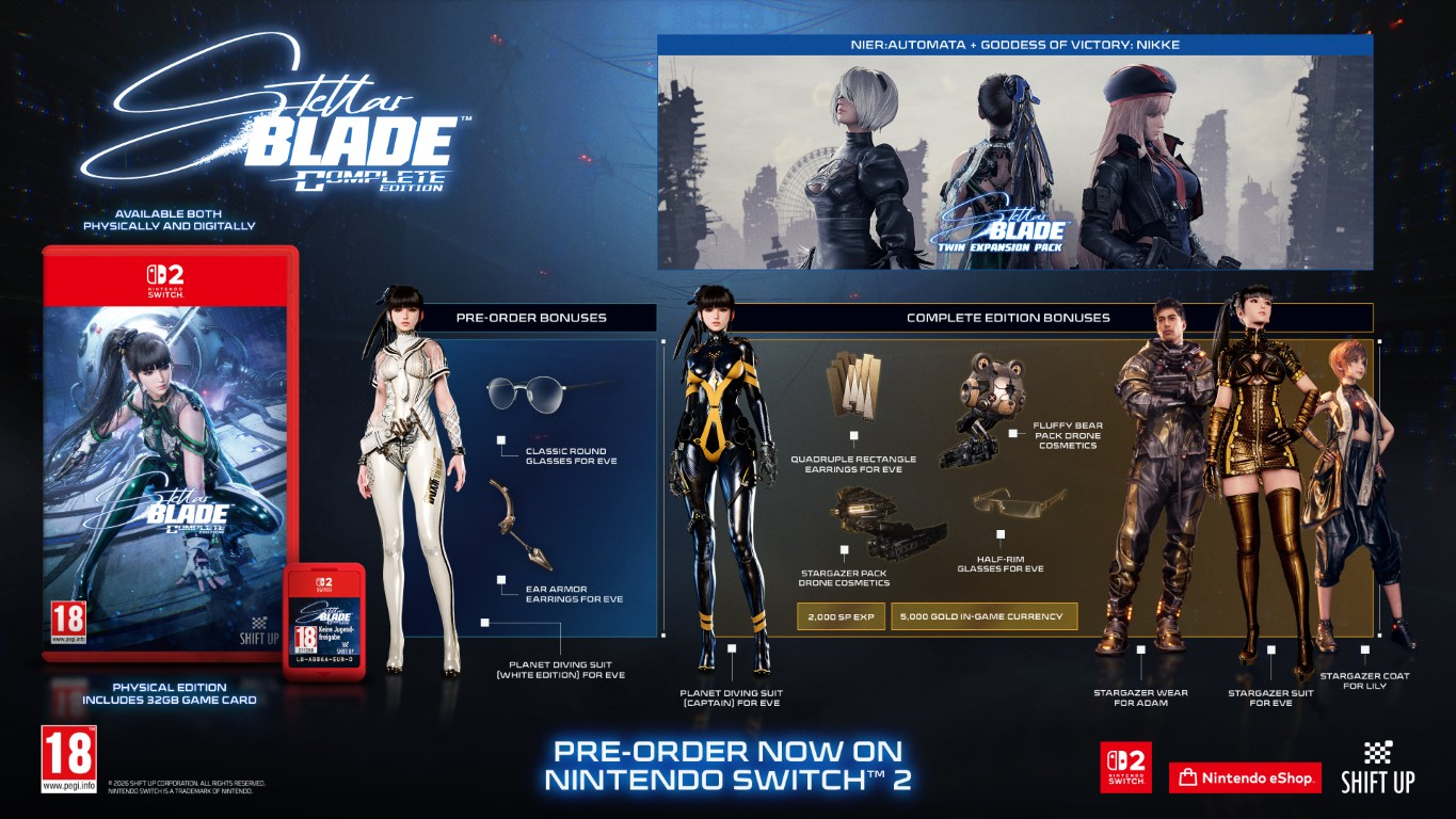 Stellar Blade Complete Edition na Nintendo Switch 2 przedstawia postacie oraz bonusy za zamówienie i w grze.