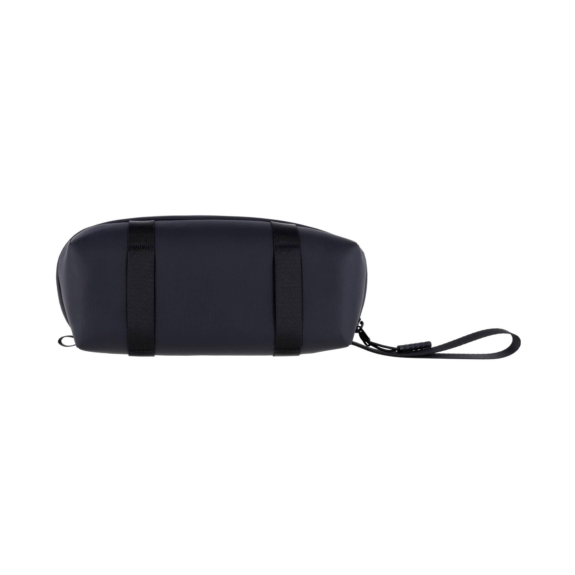 Eine schwarze zylindrische Tasche mit zwei vertikalen Riemen und einer Handschlaufe vor weißem Hintergrund.