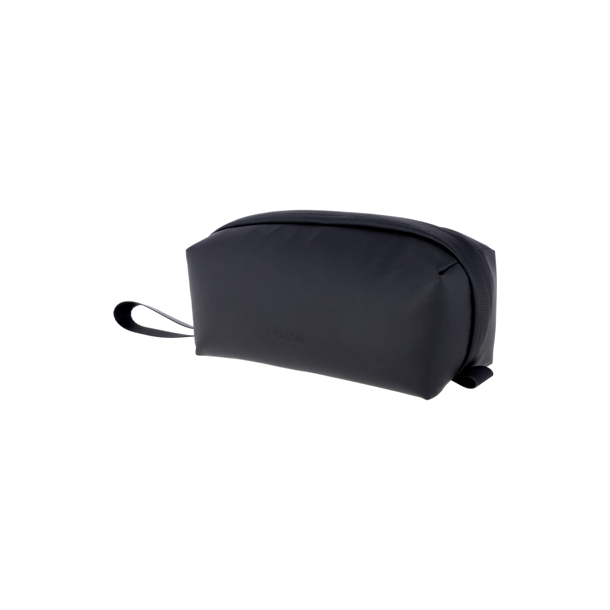 Eine schwarze Kulturbeutel tasche mit Reißverschluss und Trageschlaufe auf weißem Hintergrund.