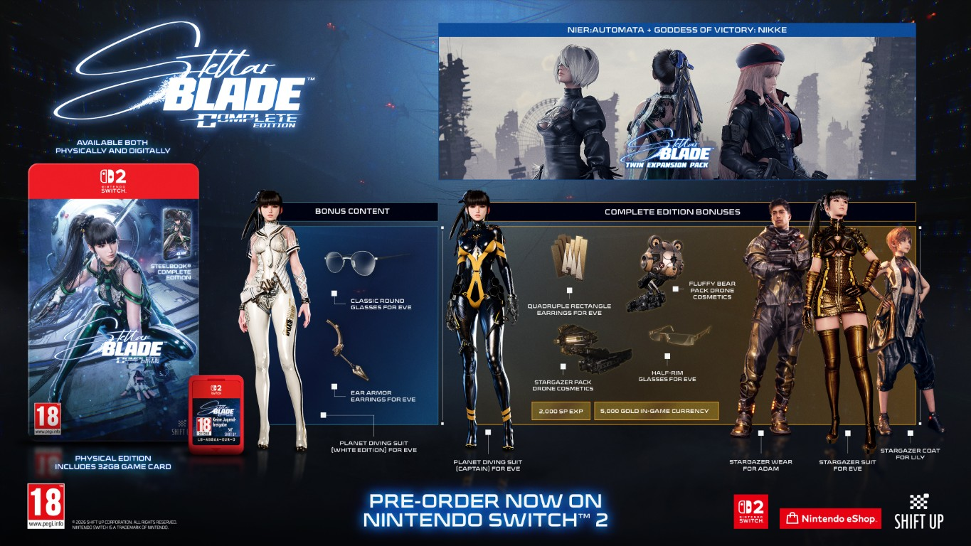 Grafika promocyjna gry Stellar Blade Complete Edition na Nintendo Switch 2 z zawarto ścią i bonusami.