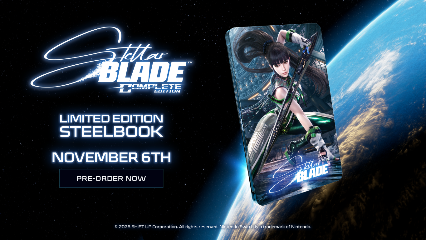 Zamów w przedsprzedaży Steelbook Stellar Blade Complete Edition z premierą 6 listopada, na tle kosmosu i Ziemi.