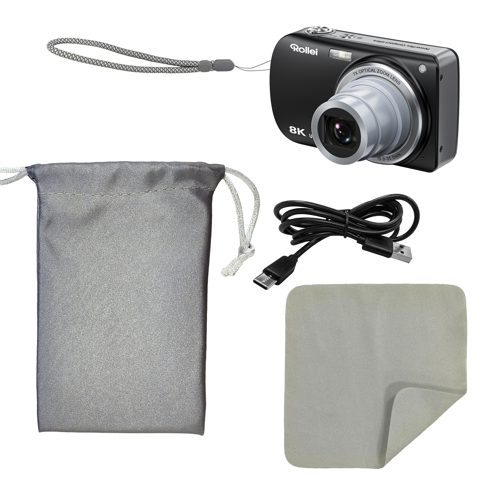 Schwarze Digitalkamera mit Etui, USB-Kabel und Reinigungstuch auf weiáem Hintergrund.