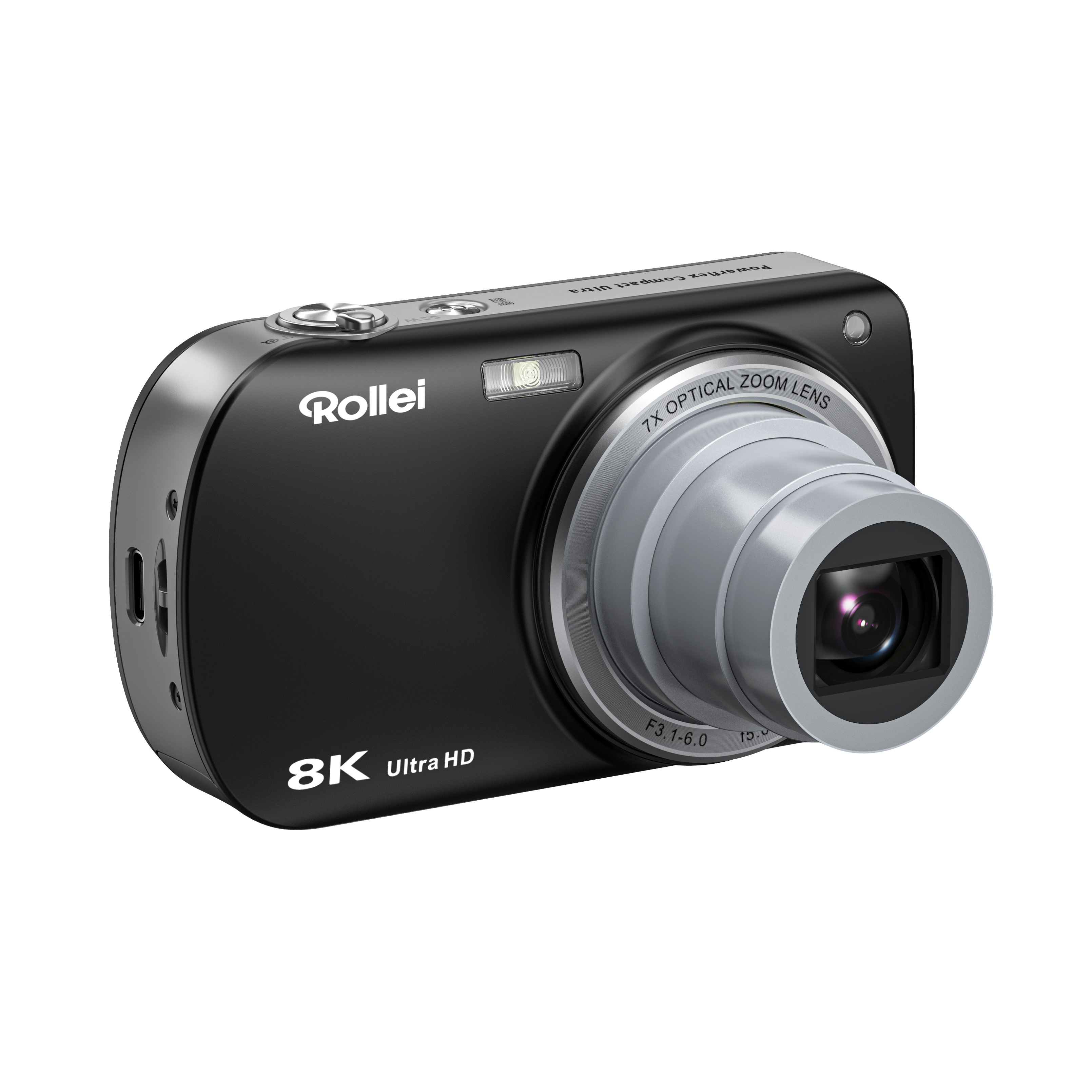 Eine schwarze Rollei 8K Ultra HD Digitalkamera mit ausgefahrenem Objektiv auf weißem Hintergrund.