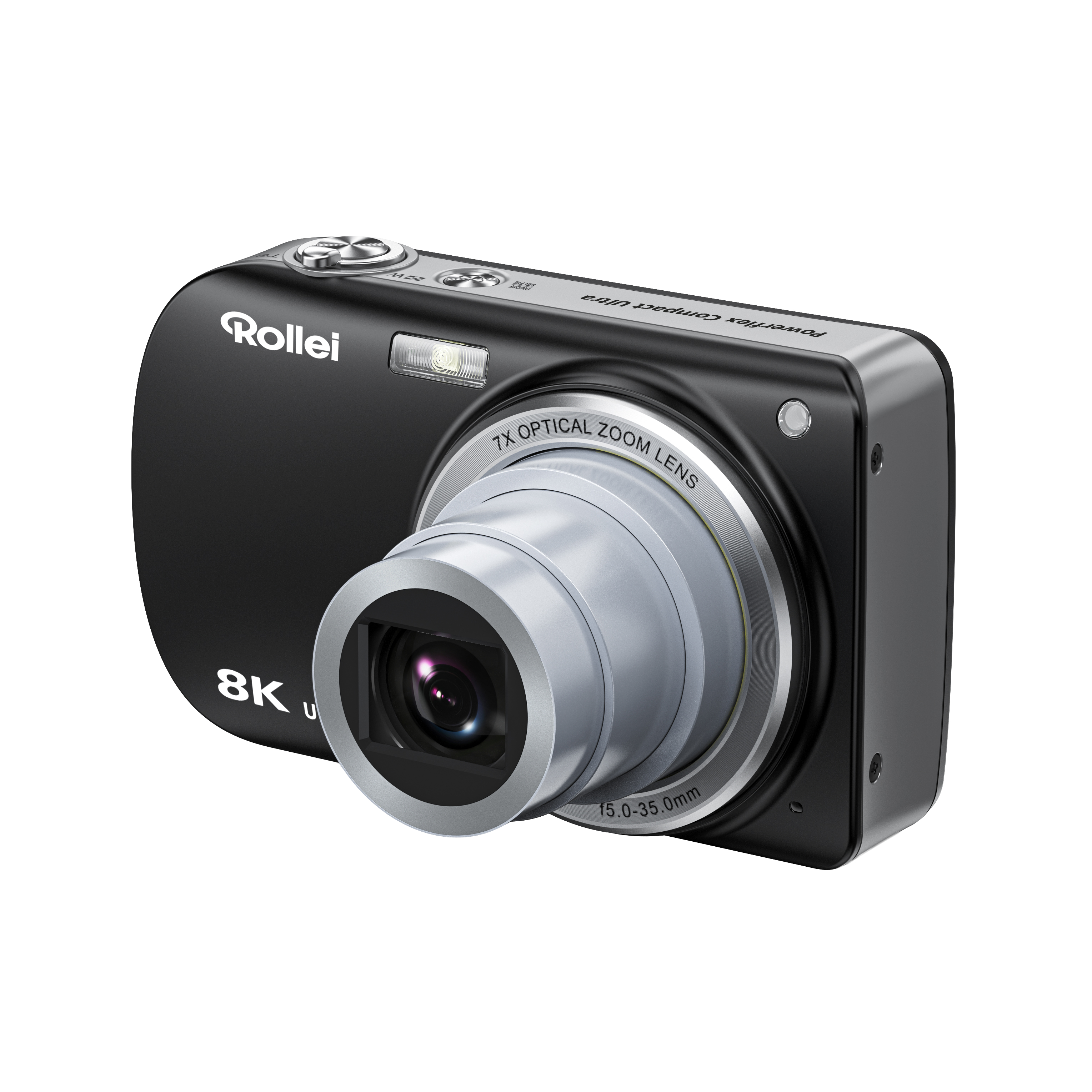 Schwarze Rollei Kompaktkamera mit ausgefahrenem silbernem Objektiv und weißem Hintergrund.
