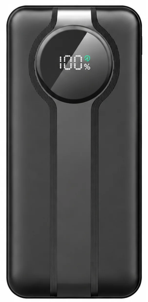 Fekete powerbank függőleges barázdákkal és kerek digitális kijelzővel, amely 100%-ot mutat.