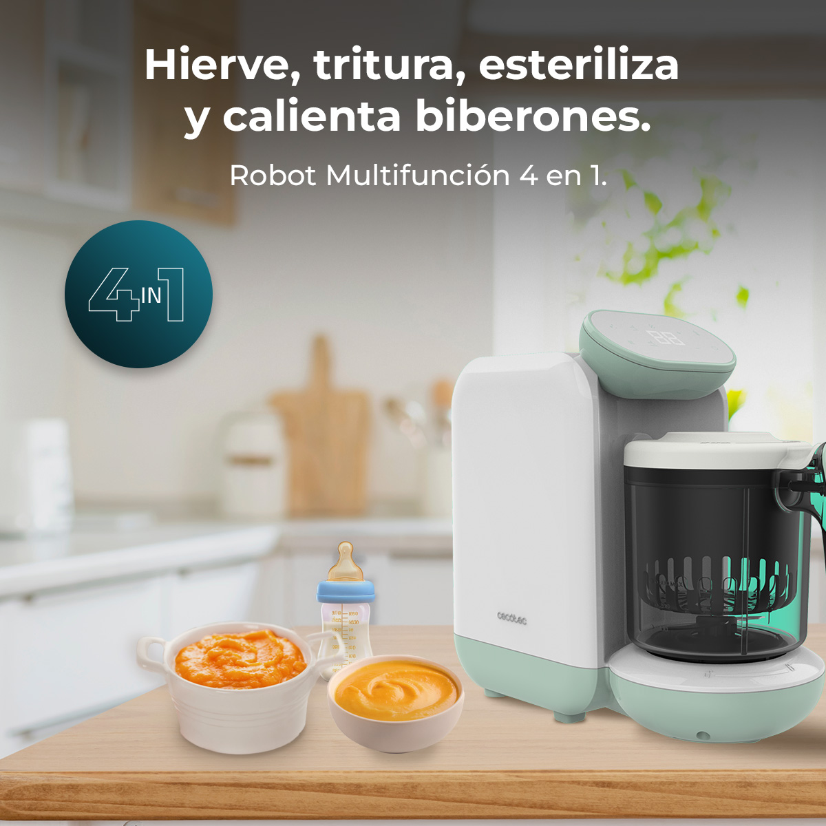 Un robot de cocina para bebés blanco y verde azulado sobre una mesa con puré y un biberón.
