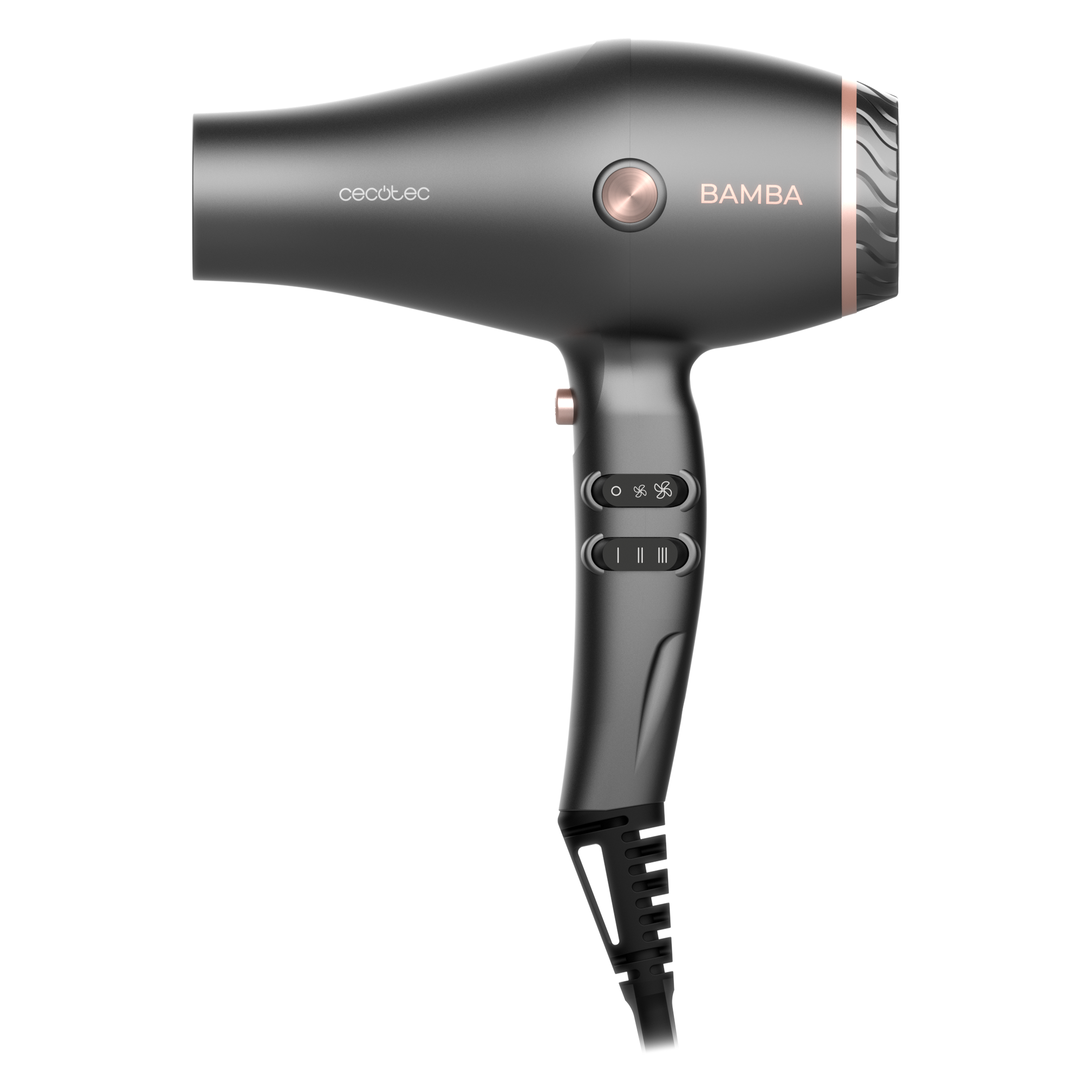 Secador de pelo gris moderno con detalles en oro rosa y botones de control en el mango sobre fondo negro.