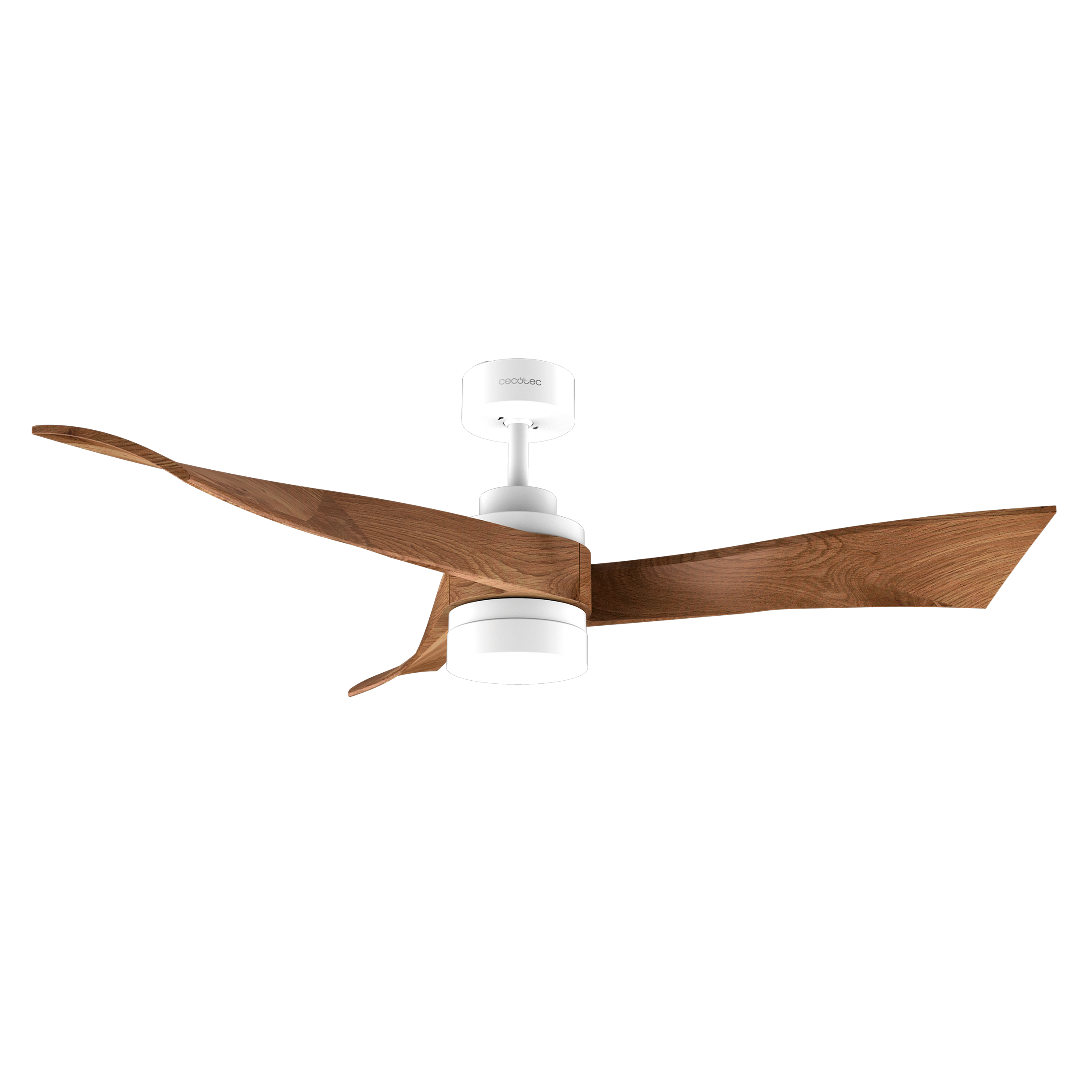 Ventilador de techo moderno con motor blanco, luz y tres aspas de madera sobre fondo negro.