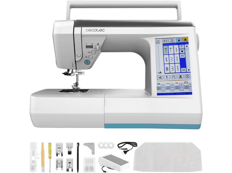Máquina de coser - Cecotec BelleCouture 36000 Control Elite, Pantalla táctil 7”, 360 puntadas, PedalFree, Cortahilos y kit accesorios, Blanco