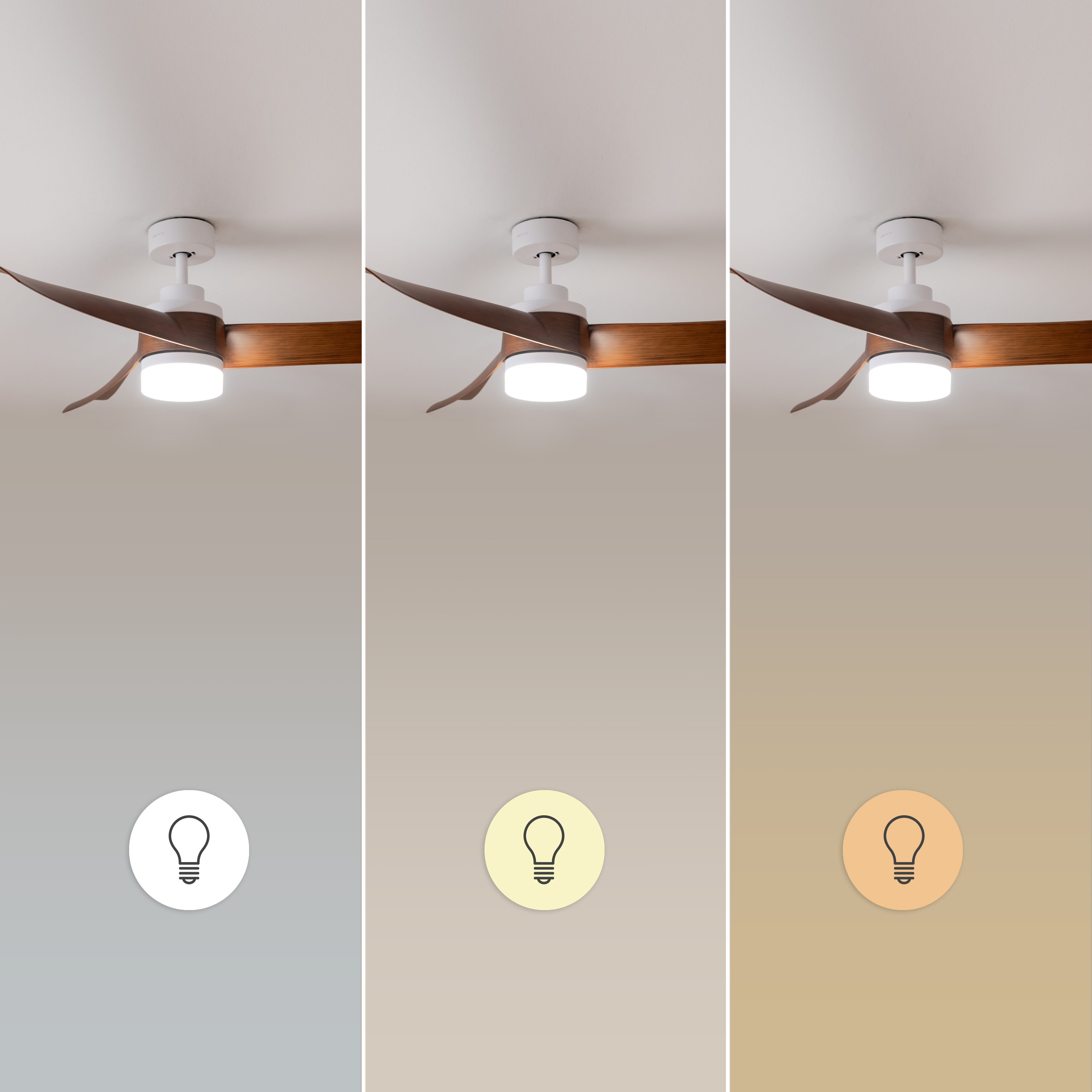 Tres paneles que muestran un ventilador de techo con aspas de madera y luz en tonos blanco frío, neutro y cálido.