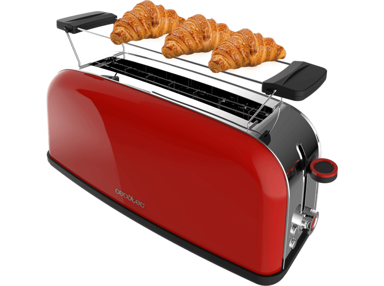 Tostadora - Cecotec Toastin' time 1100 Red Long, 850 W, Ranura larga, 7 niveles de tostado y soporte para panecillos, Rojo