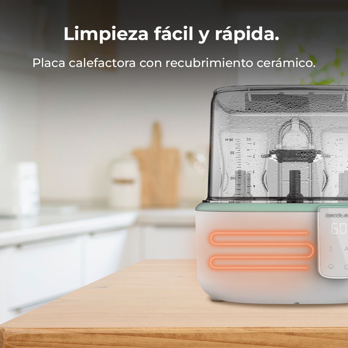 Un esterilizador a vapor en una encimera de cocina de madera con texto.