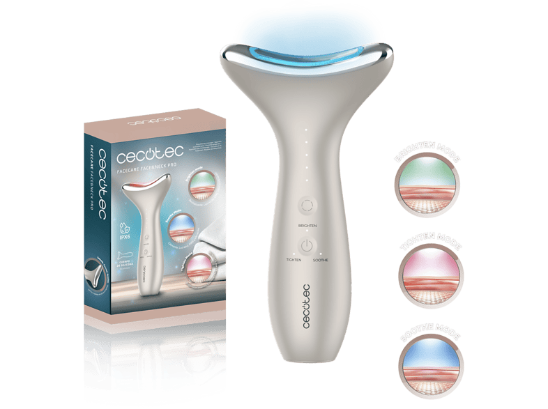 Cepillo facial - Cecotec FaceCare Face&Neck Pro Lift, Luz LED roja, verde y azul, EMS, Vibración, Calor e IPX6, Blanco