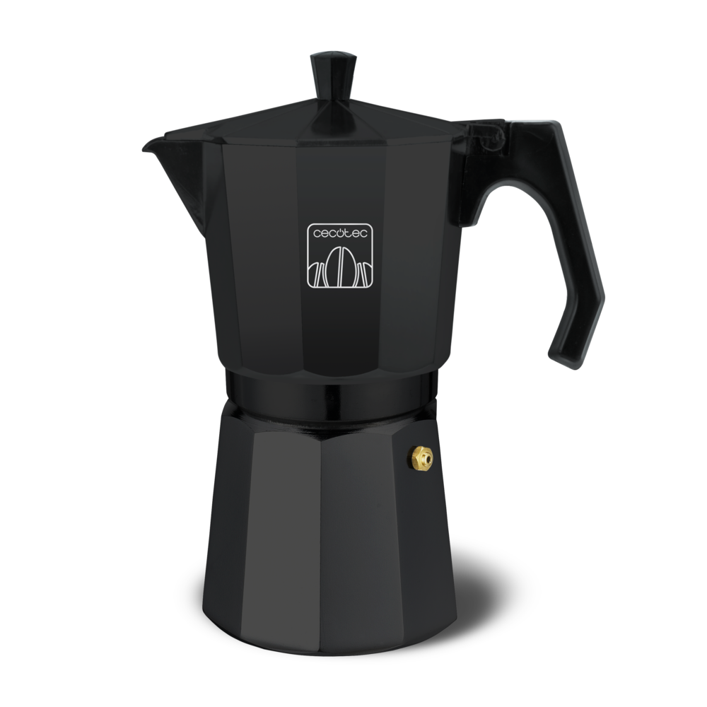 Una cafetera italiana negra con diseño facetado, logotipo blanco y válvula dorada sobre fondo negro.