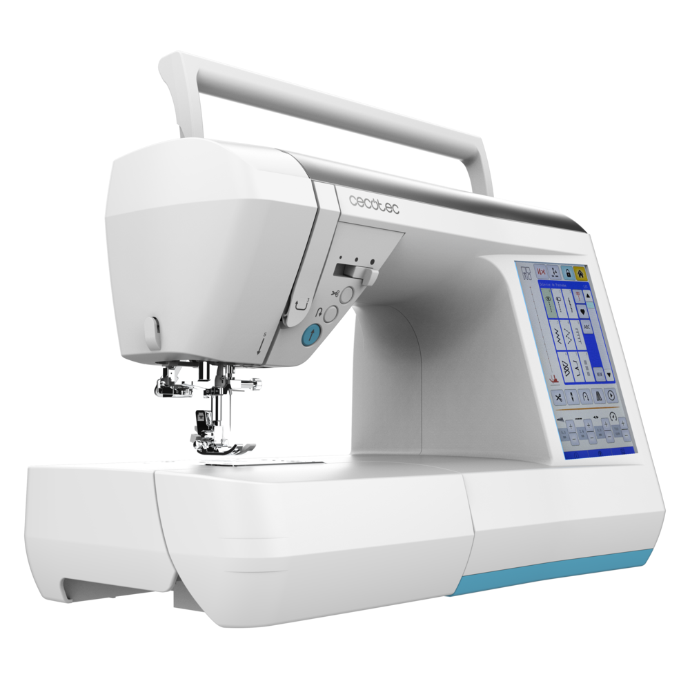 Moderna máquina de coser blanca con pantalla táctil y asa de transporte sobre fondo negro.