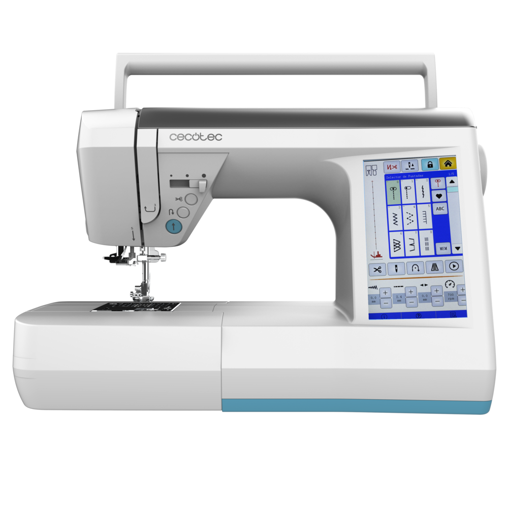 Una máquina de coser blanca moderna Cecotec con pantalla táctil digital y asa sobre fondo negro.