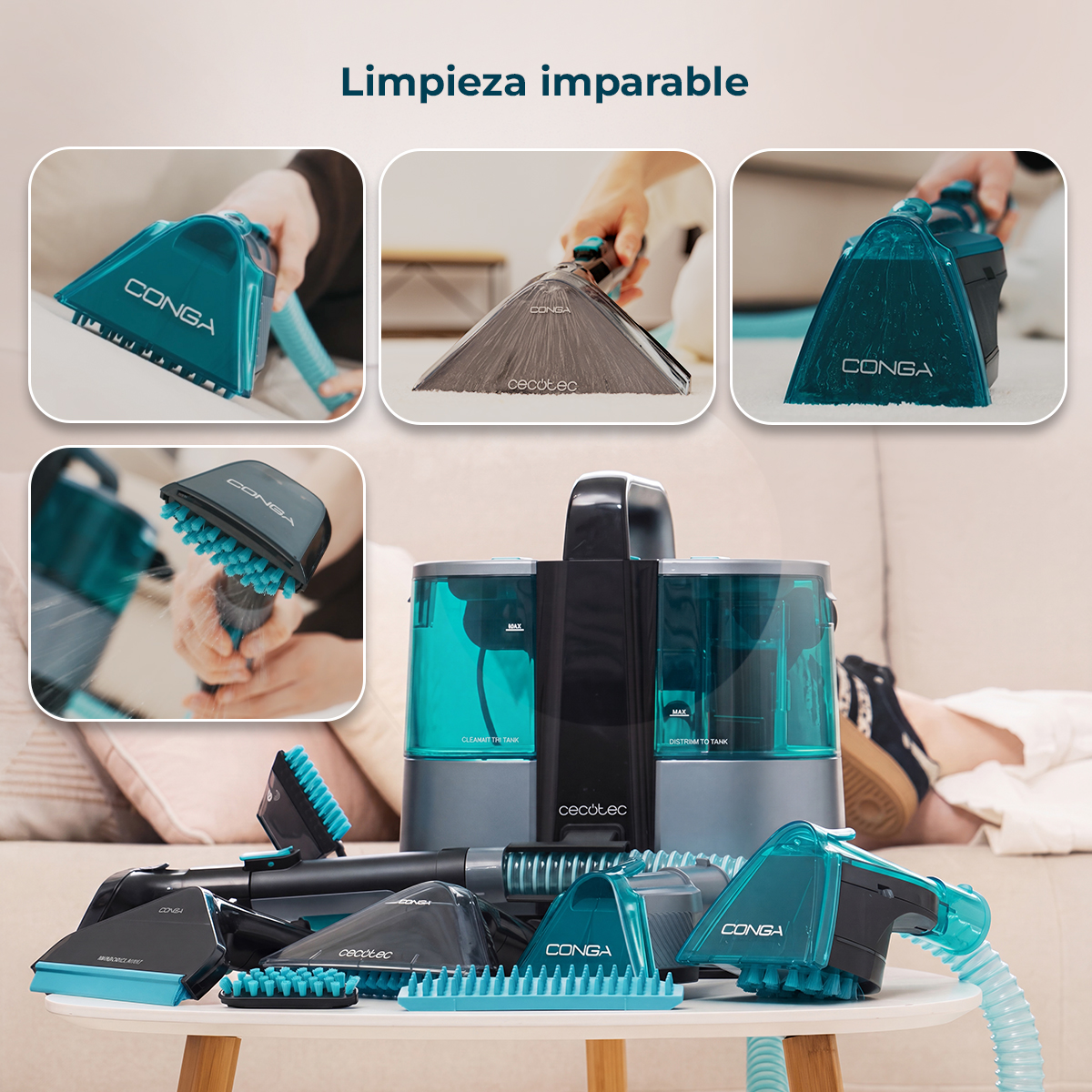 Limpiadora de tapicerías Cecotec y accesorios sobre una mesa con fotos de uso.