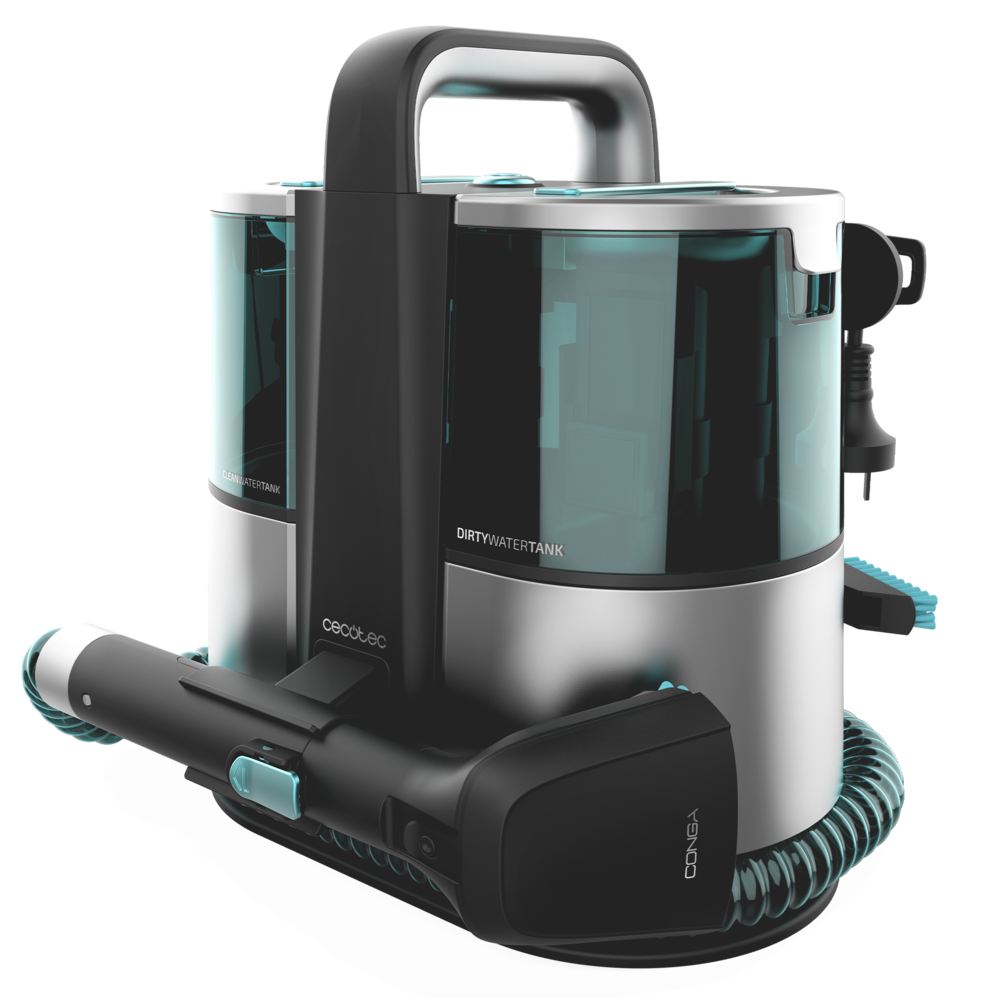 Dispositivo de limpieza portátil plateado y negro con depósitos de agua, asa y mangueras enrolladas sobre fondo negro.