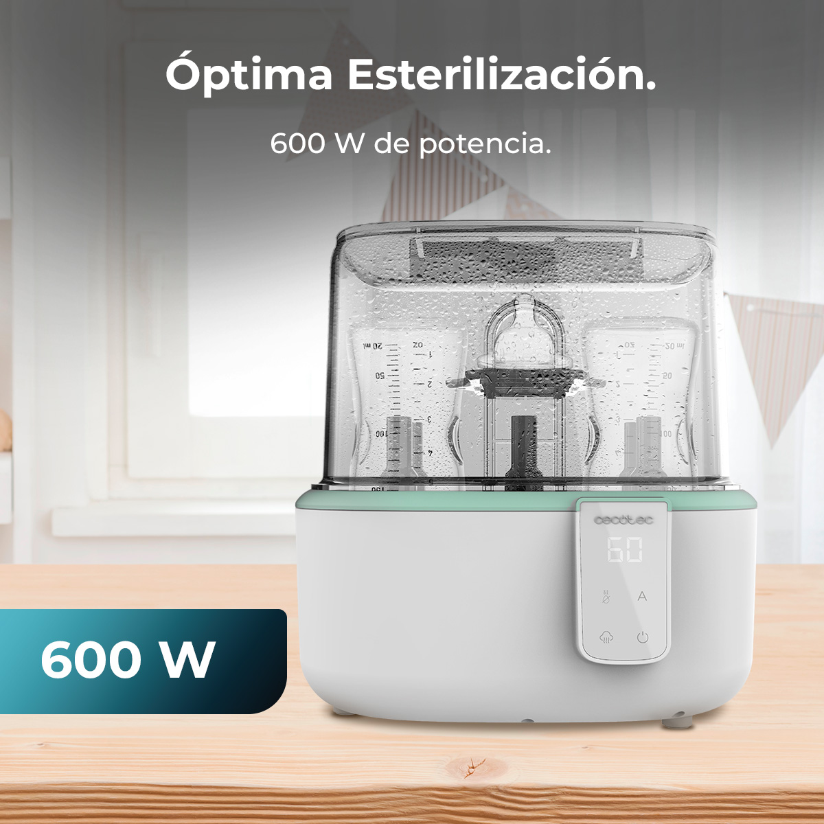 Esterilizador de biberones eléctrico blanco y verde menta en una mesa de madera con textos superpuestos.