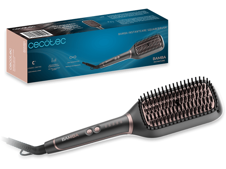 Cepillo alisador - Cecotec InstantCare SquareBrush Elite, Temperatura regulable de 130 a 210 °C, Revestimiento cerámico y tecnología iónica, Negro