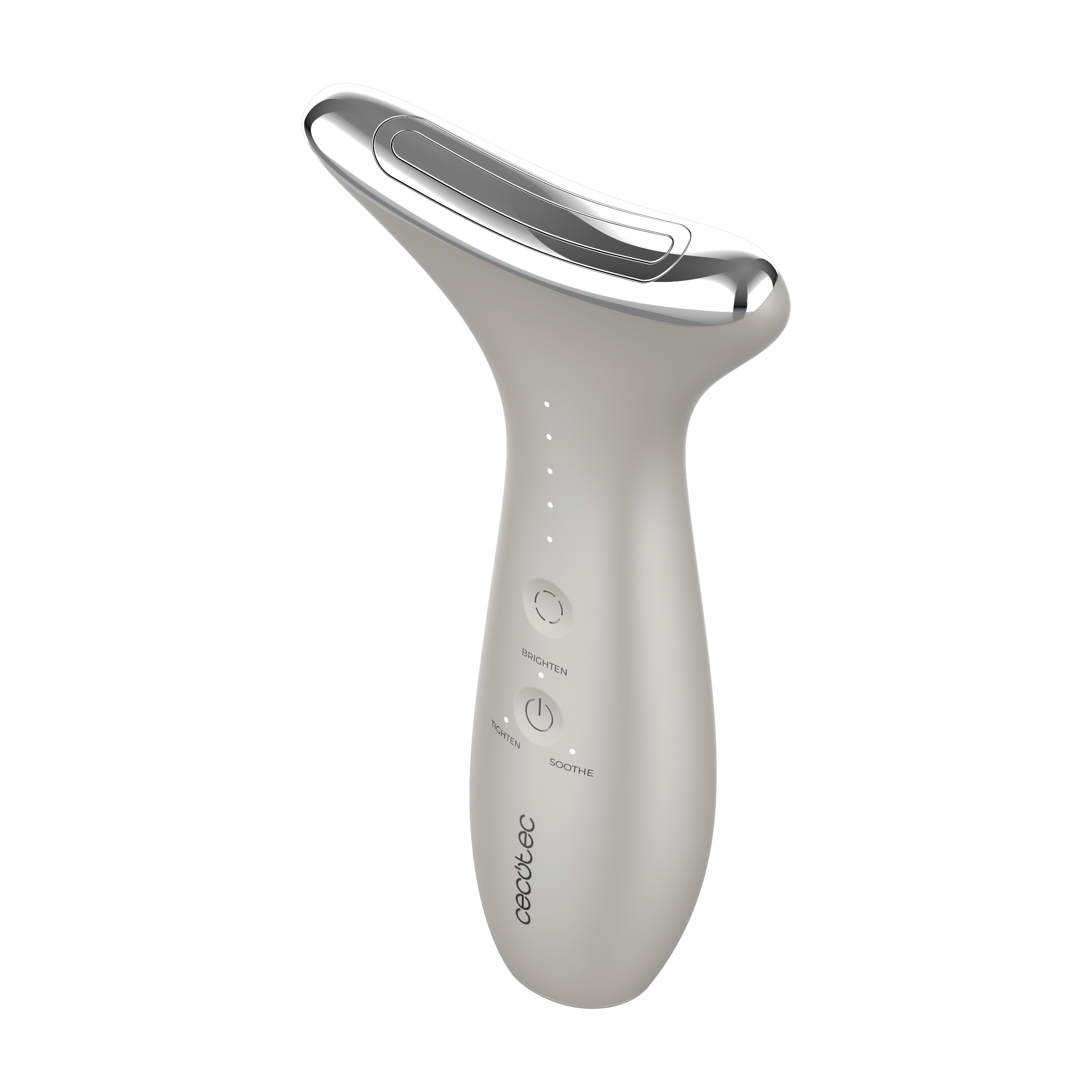 Un dispositivo de cuidado facial y de cuello ergonómico de color crema con cabeza plateada sobre fondo negro.