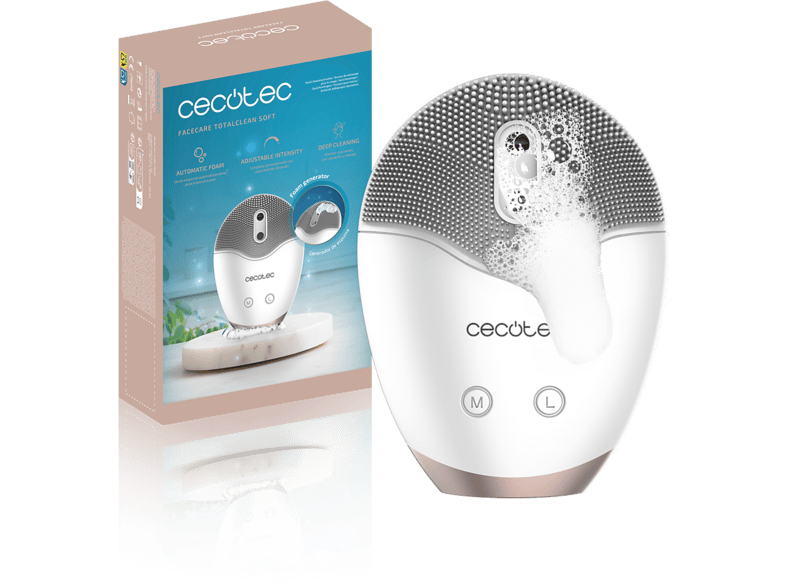 Limpiador facial - Cecotec FaceCare TotalClean Soft Elite, Generador de espuma, Vibración sónica, Masaje, IPX6 y 60 min autonomía, Blanco