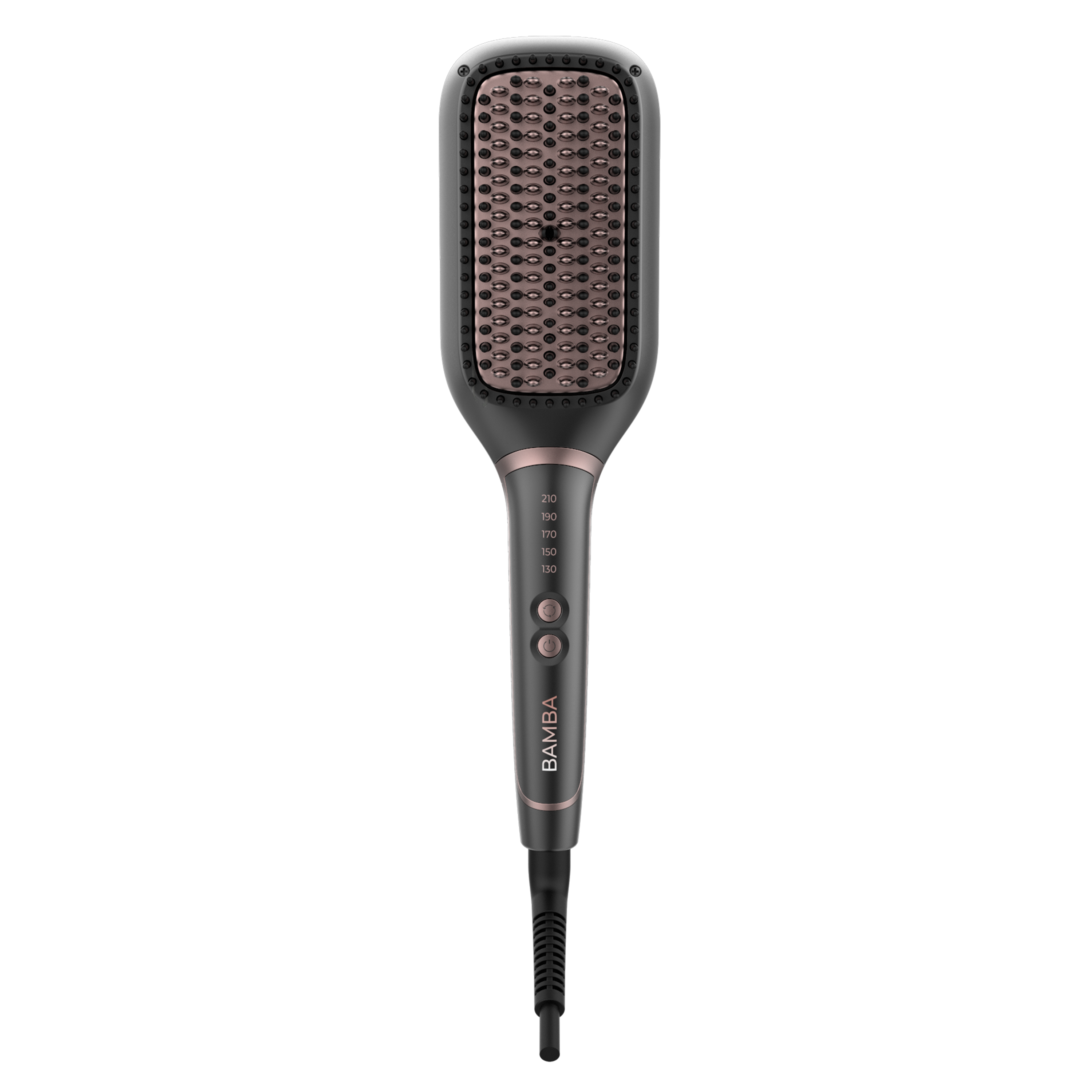 Un cepillo alisador gris y oro rosa con pantalla de temperatura y cable sobre fondo negro.