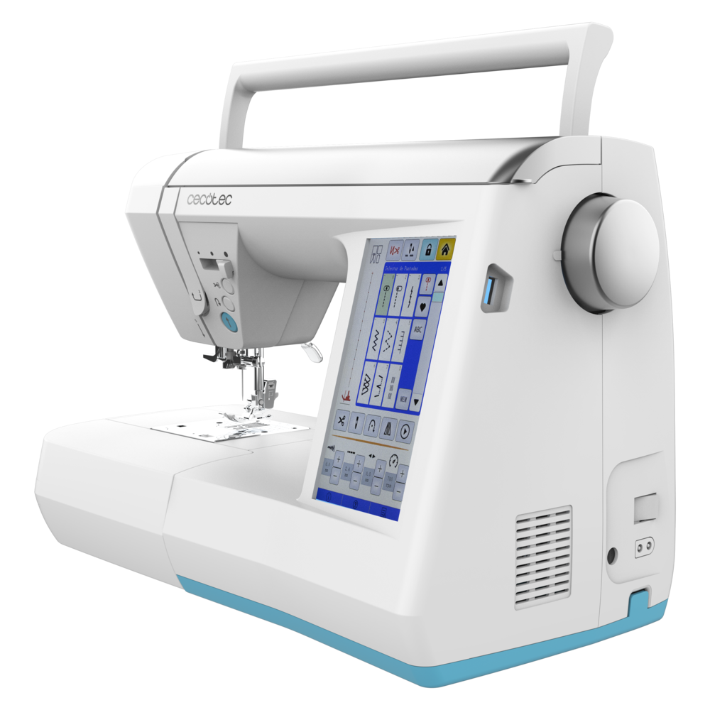 Moderna máquina de coser blanca con pantalla táctil, asa de transporte y base azul sobre fondo negro.