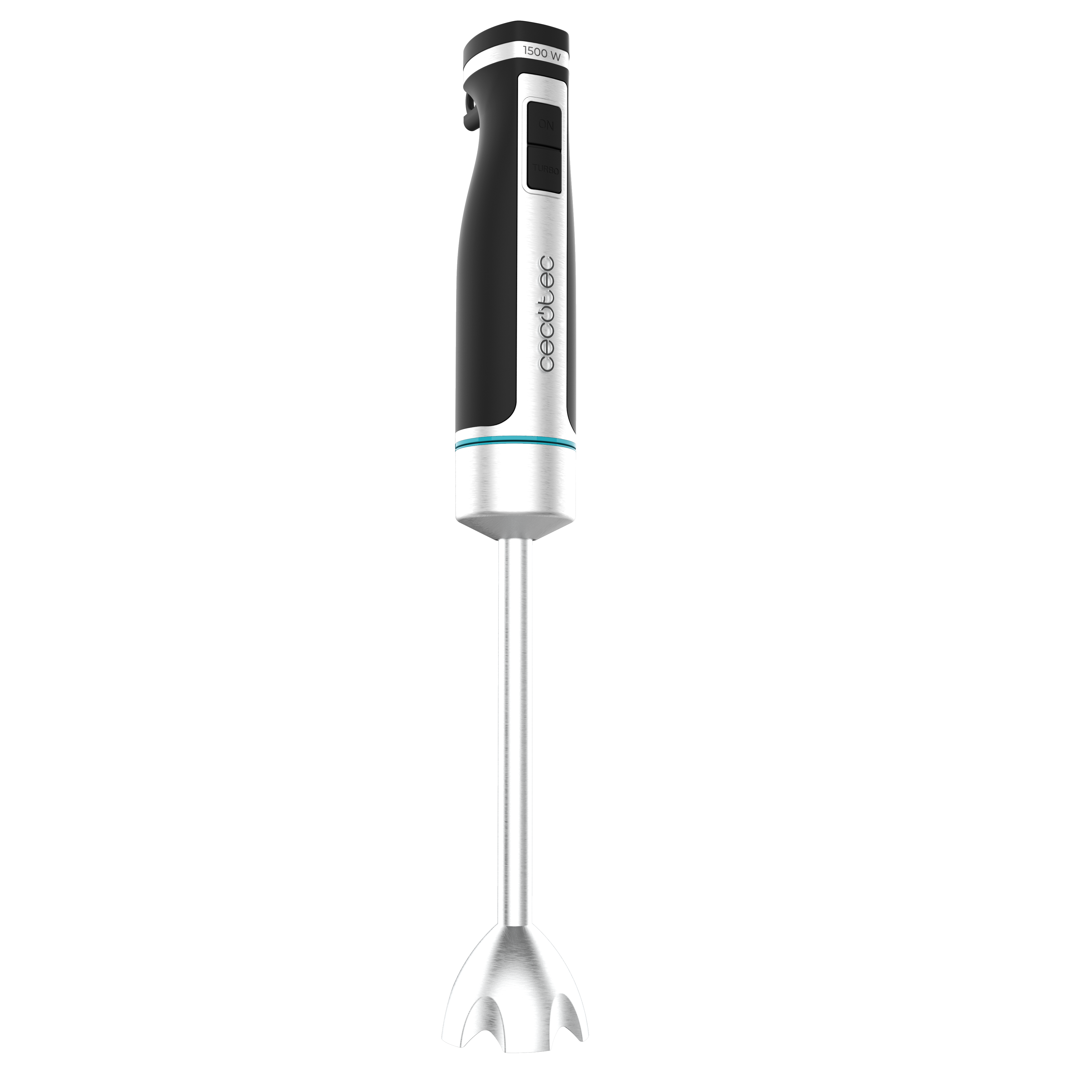 Batidora de mano de acero inoxidable con mango negro y 1500 W.