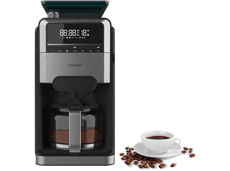 Cafetera de goteo - Cecotec Coffee 66 Grind & Brew, 1400 W, 1,5 L, 12 tazas, 7 niveles molienda, Programable, Negro