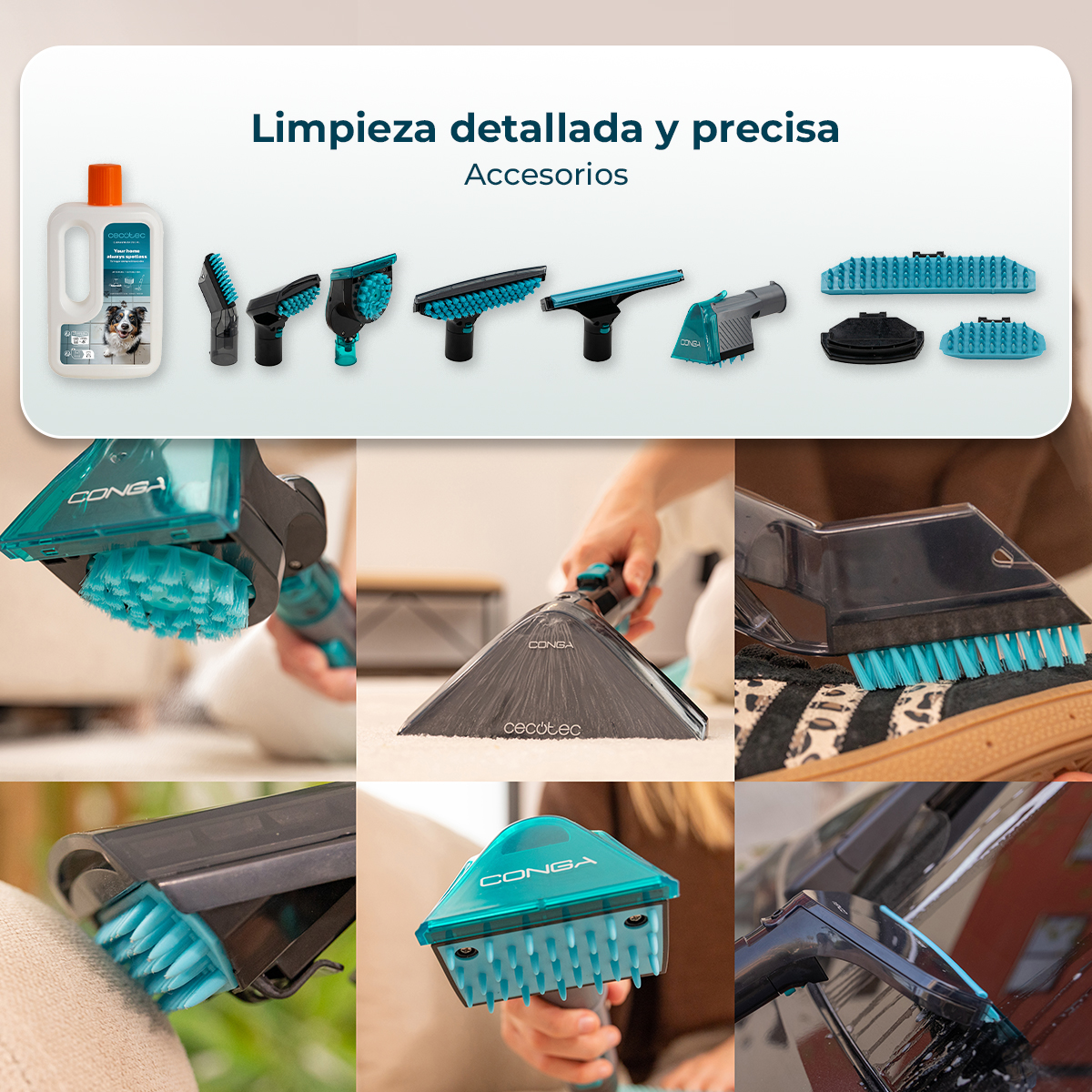 Solución de limpieza y varios accesorios azules de aspiradora mostrados en uso en diferentes superficies.