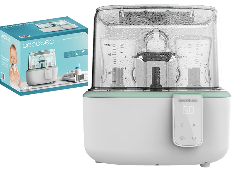 Calienta biberones - Cecotec Nana BabyCare DigitalSterilizer Elite, Hasta 6 biberones, Secado, Pantalla y libre de BPA, Blanco