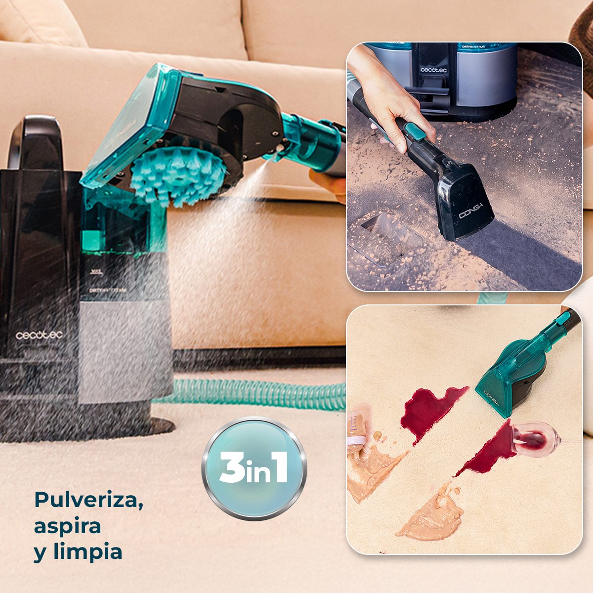 Un limpiador 3 en 1 pulveriza agua y limpia manchas en alfombras y superficies.