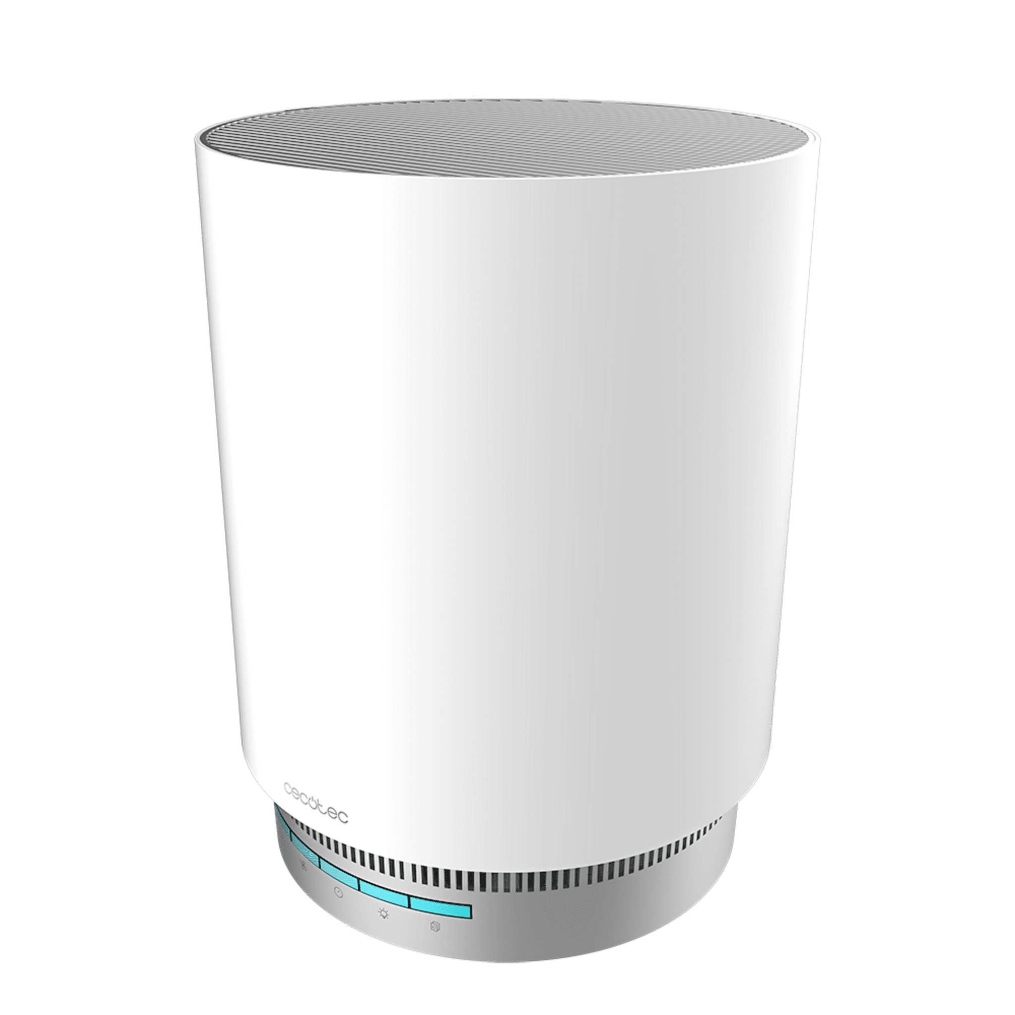 Un purificador de aire blanco cilíndrico con indicadores LED azules en la base gris sobre fondo negro.