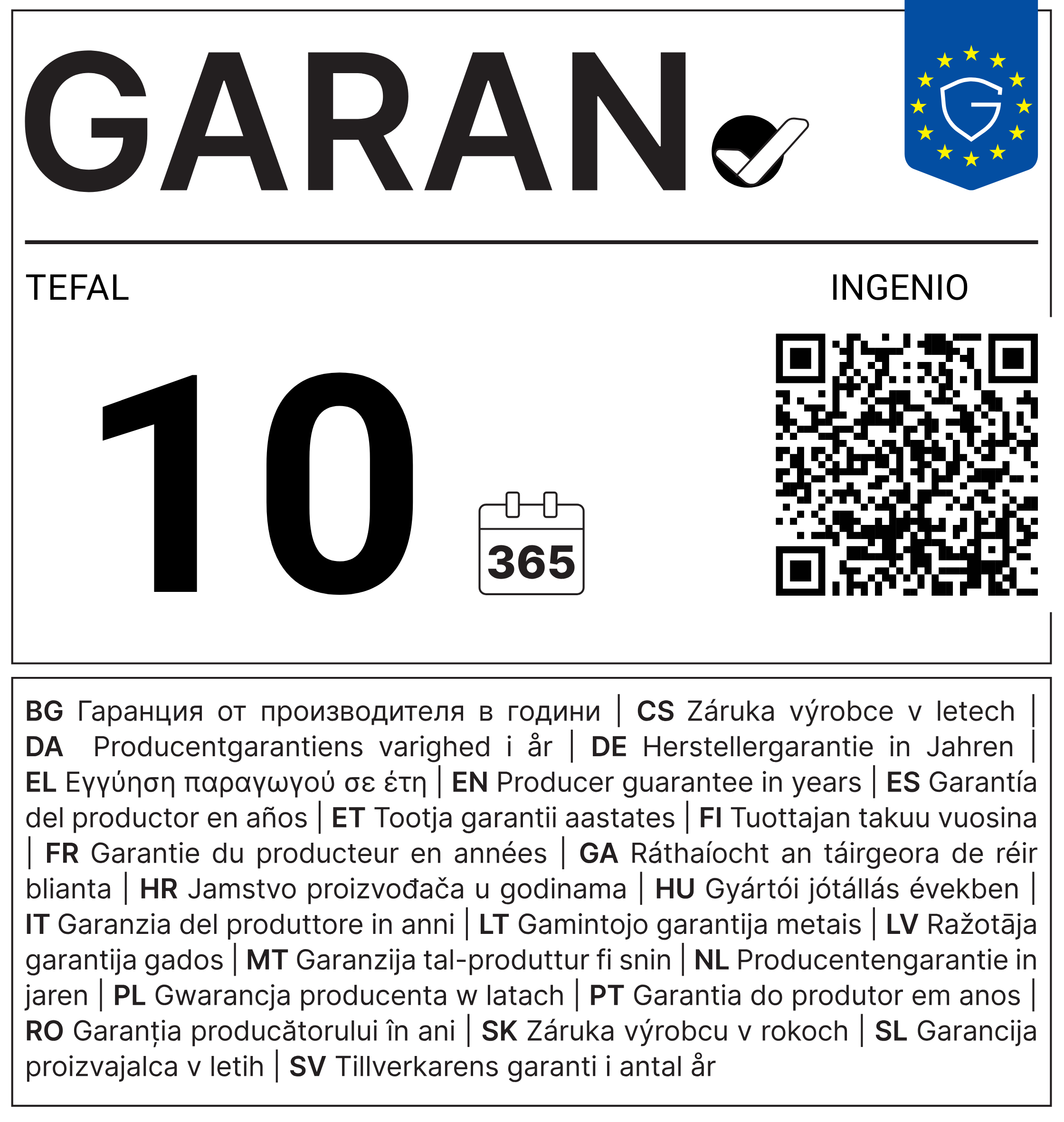 Tefal Ingenio garancia kártya a 10-es számmal, naptár ikonnal, QR-kóddal és többnyelvű garancia szövegekkel.
