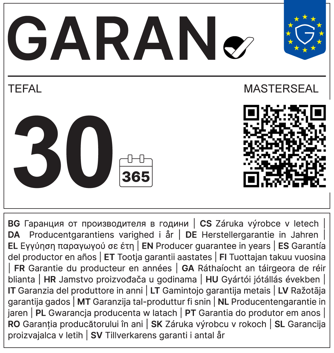 Tefal Masterseal 30 éves garancia címke QR kóddal és többnyelvű szöveggel.