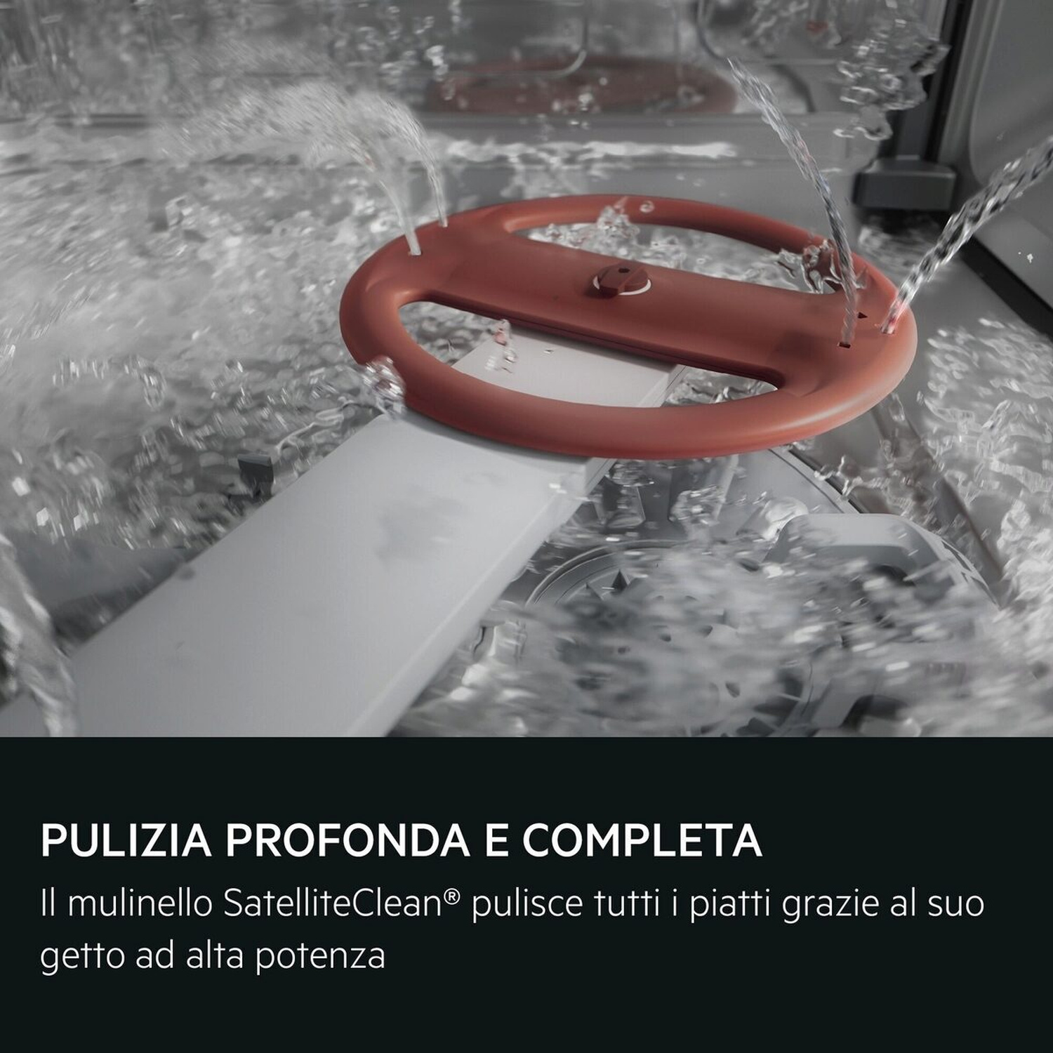 Mulinello lavastoviglie in funzione con acqua zampillante e testo in italiano.