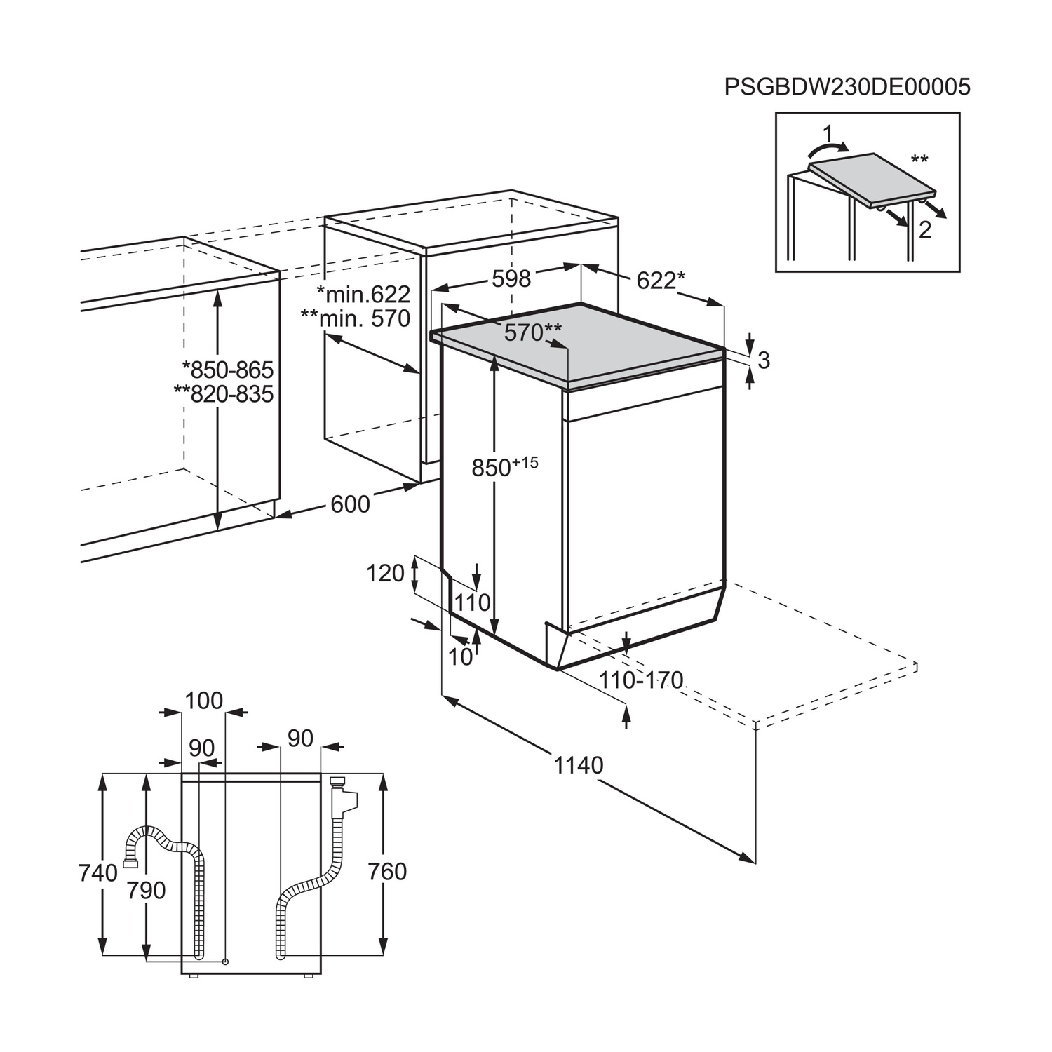 Disegno tecnico con dimensioni per una lavastoviglie, comprese le viste frontali e laterali.