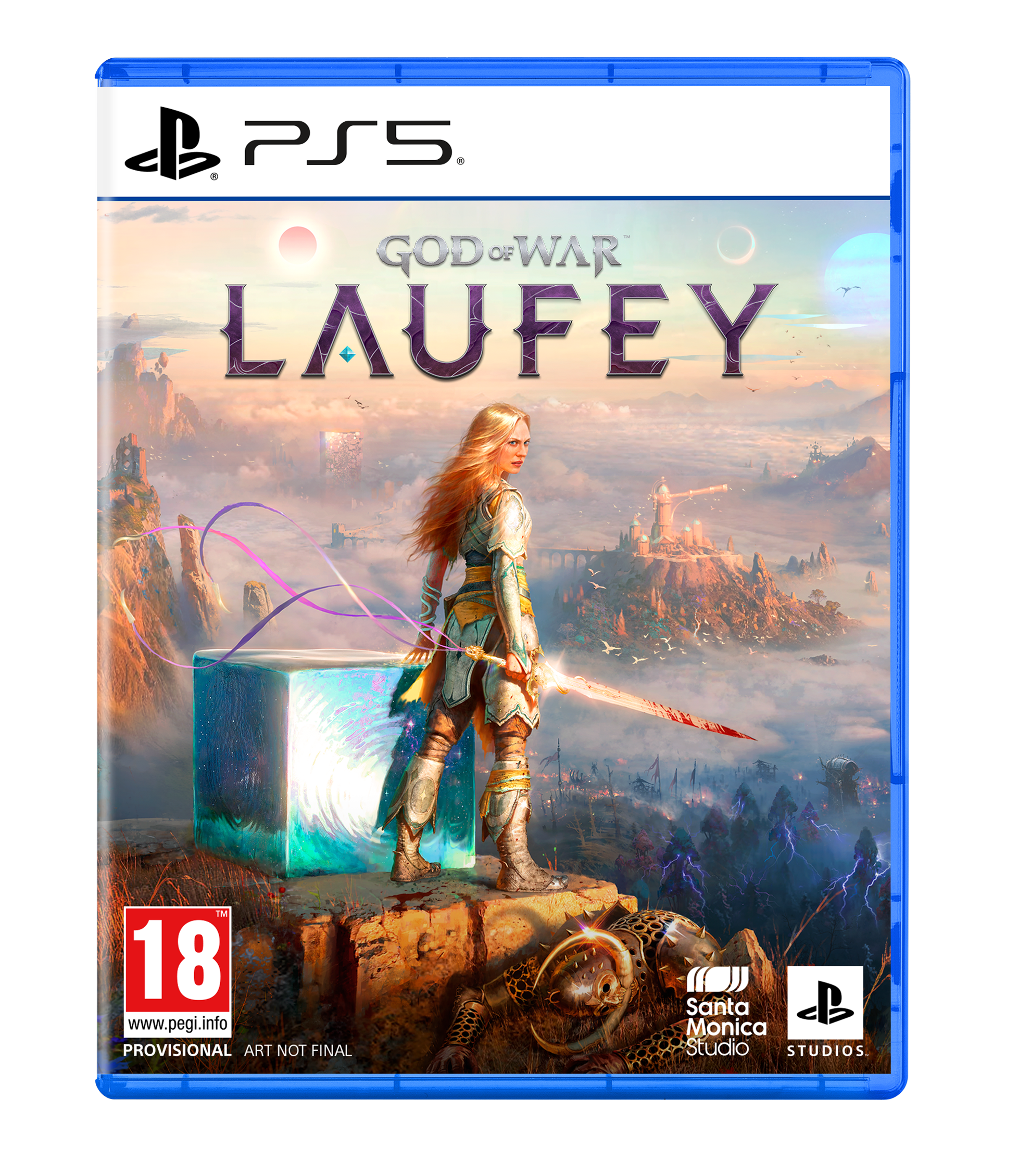 PS5-Spielecover für God of War Laufey mit einer blonden Kriegerin, einem blauen Würfel und einer fantasievollen Landschaft.