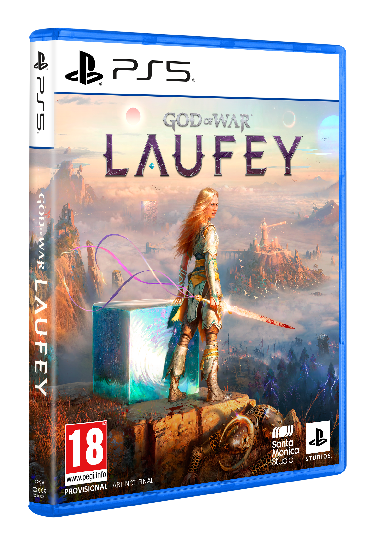 PS5-Spielehülle God of War Laufey mit blondem Charakter, der vor weiter Landschaft mit leuchtwürfel steht.