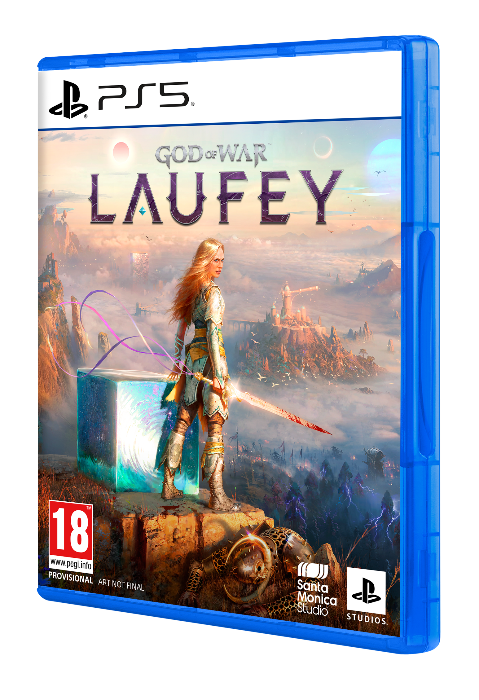 PS5-Spielhülle mit einer blonden Kriegerin in Rüstung, die ein Schwert hält, vor einer Berglandschaft.