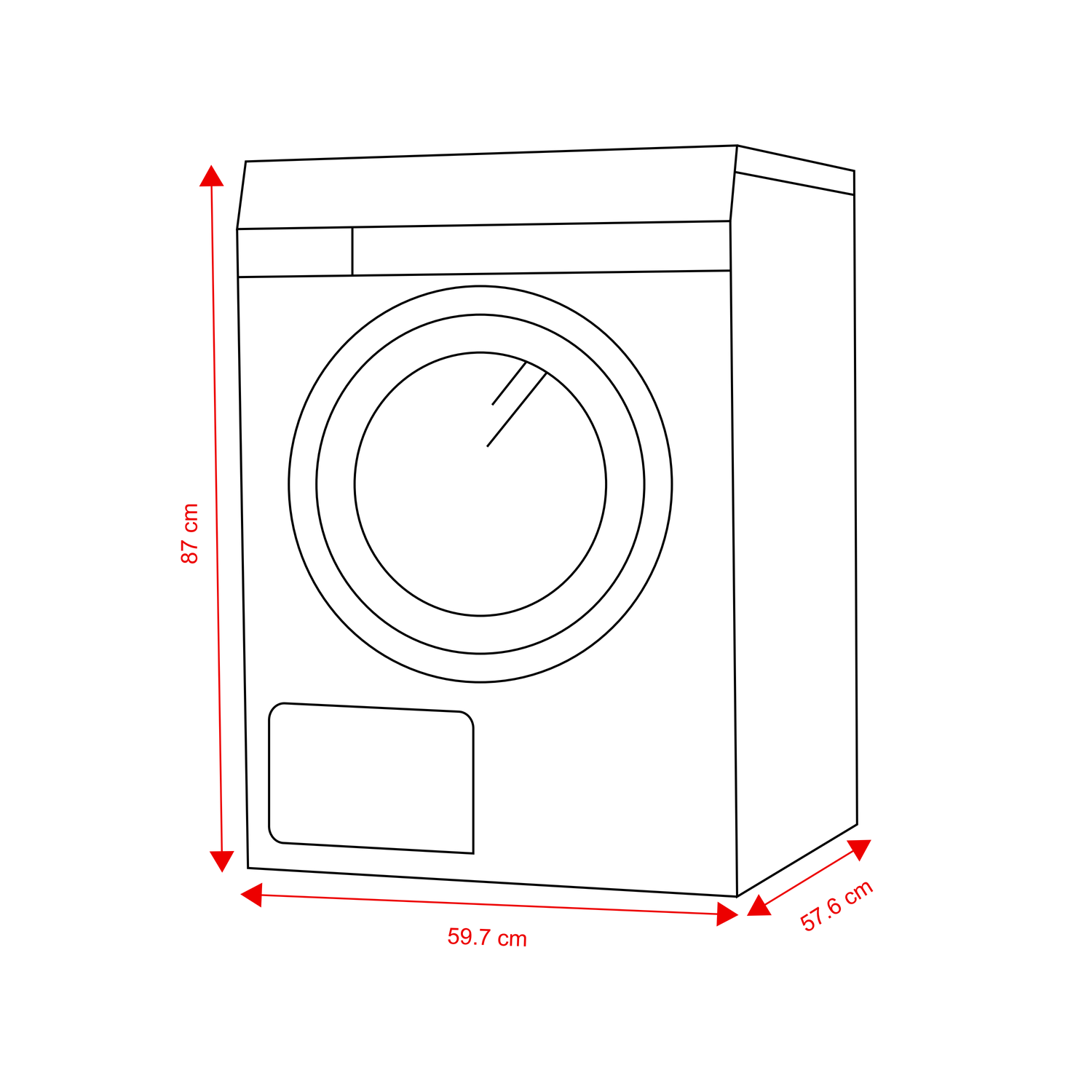 Dessin au trait d'un lave-linge avec dimensions : hauteur 87 cm, largeur 59,7 cm, profondeur 57,6 cm.