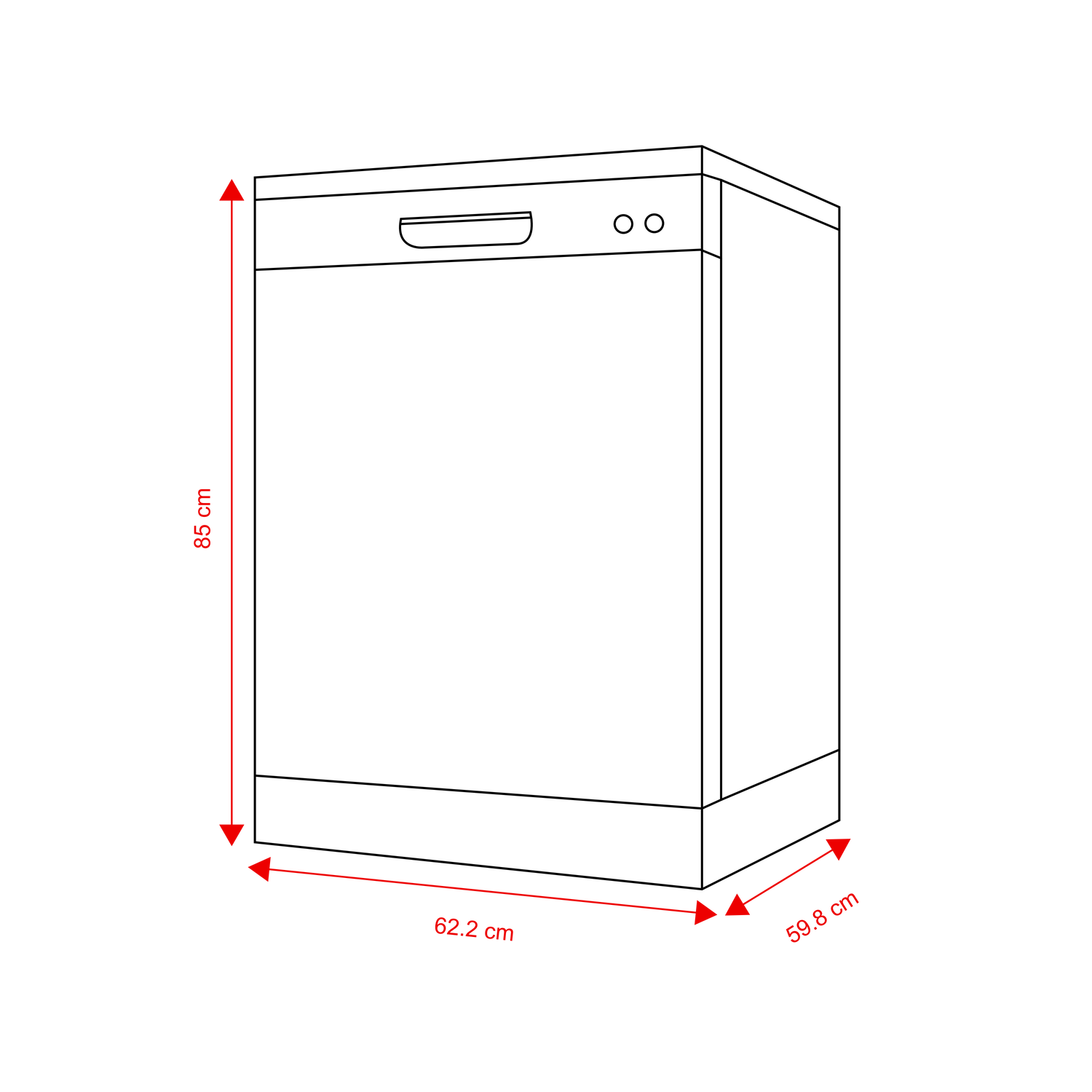 Diagram of a dishwasher with dimensions: height 85 cm, width 62.2 cm, depth 59.8 cm.