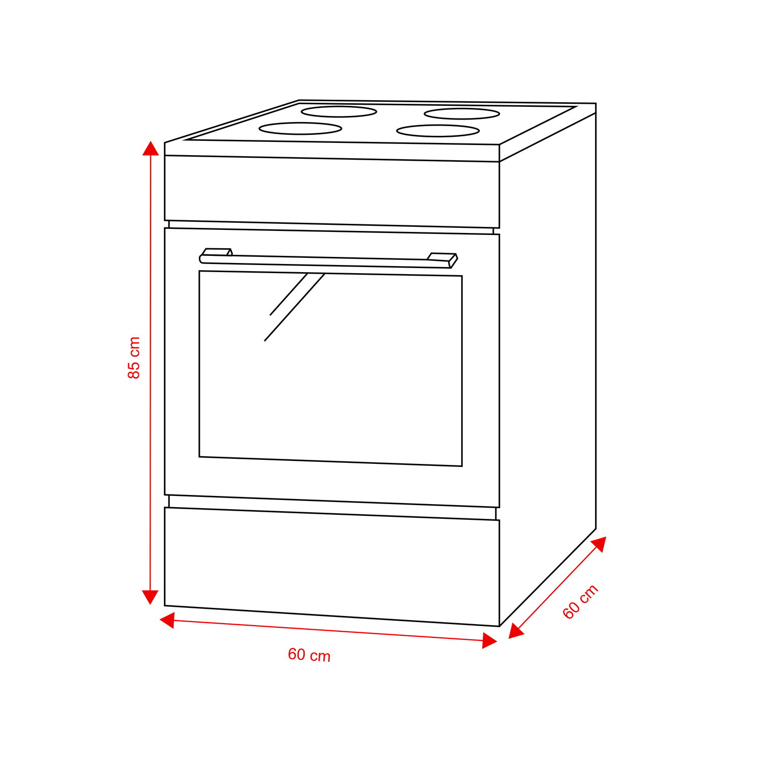 Lijntekening van een fornuis met afmetingen: 85 cm hoog, 60 cm breed en 60 cm diep.