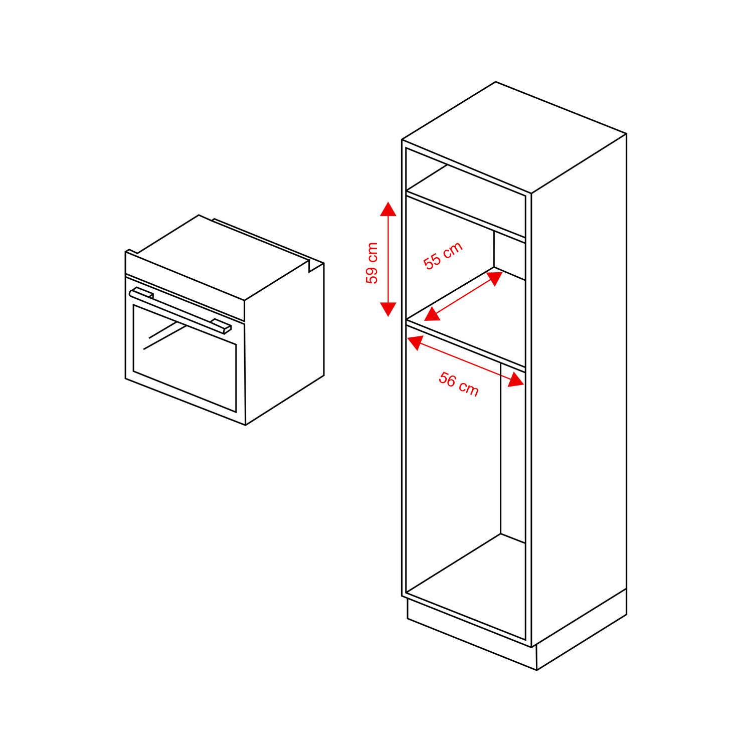 Lijntekening van een ovenunit en een hoge keukenkast met rode afmetingen.