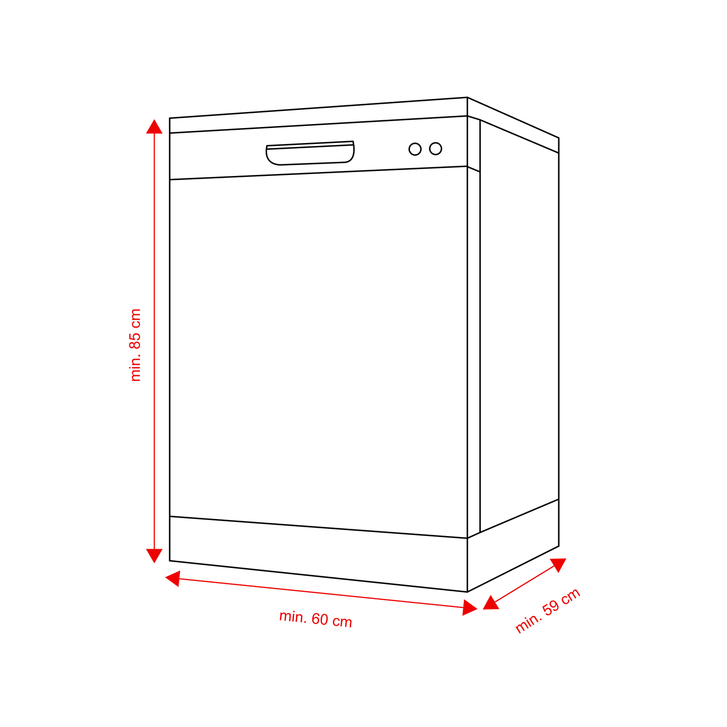 Line drawing of a dishwasher with dimensions: min. 85 cm height, min. 60 cm width, min. 59 cm depth.